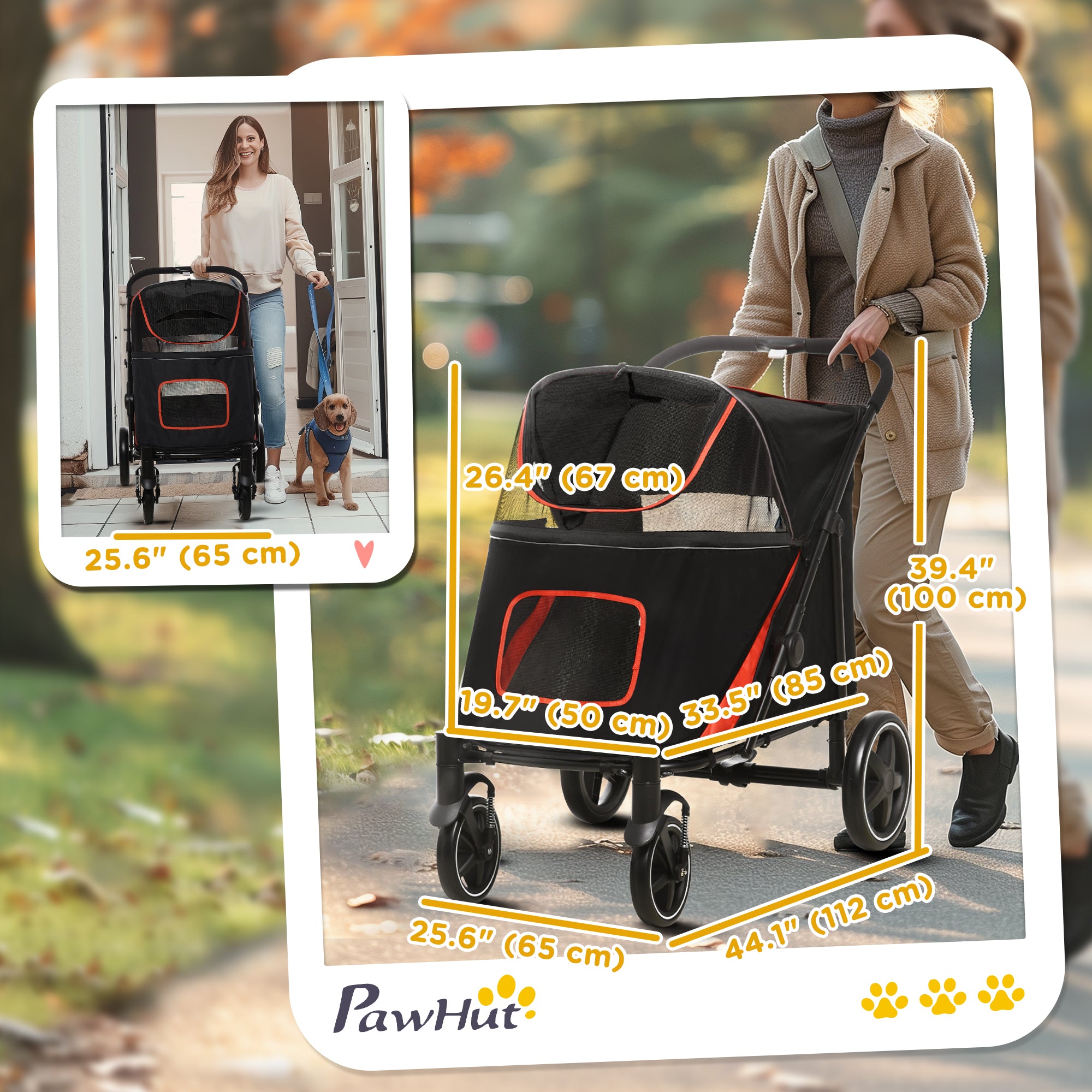 PawHut Pet Stroller with Universal Front Wheels, Shock Absorber, One-Click Foldable Dog Cat Carriage with Brakes, Storage Bags, Safety Leash for Large & Medium Dogs, Black