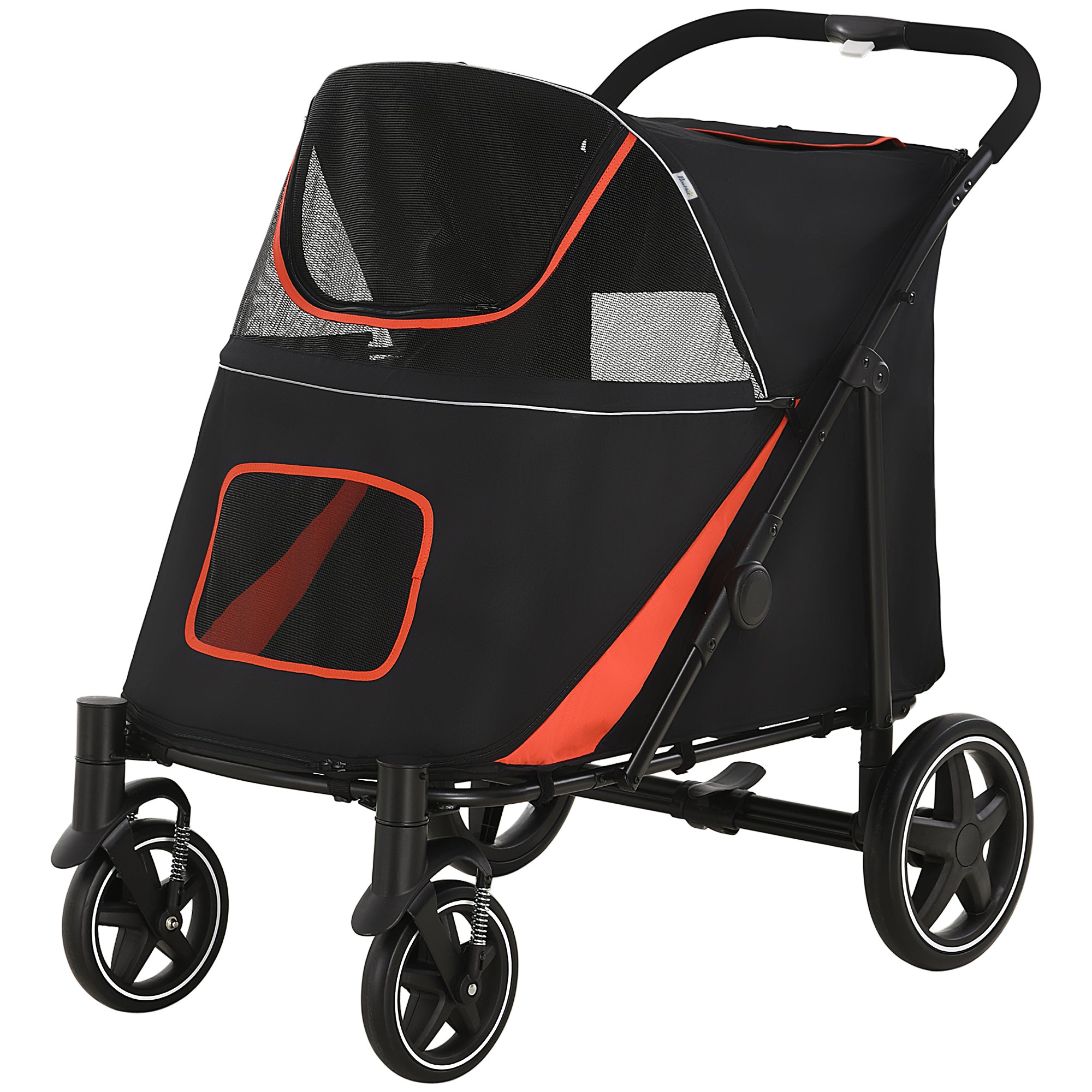 PawHut Pet Stroller with Universal Front Wheels, Shock Absorber, One-Click Foldable Dog Cat Carriage with Brakes, Storage Bags, Safety Leash for Large & Medium Dogs, Black