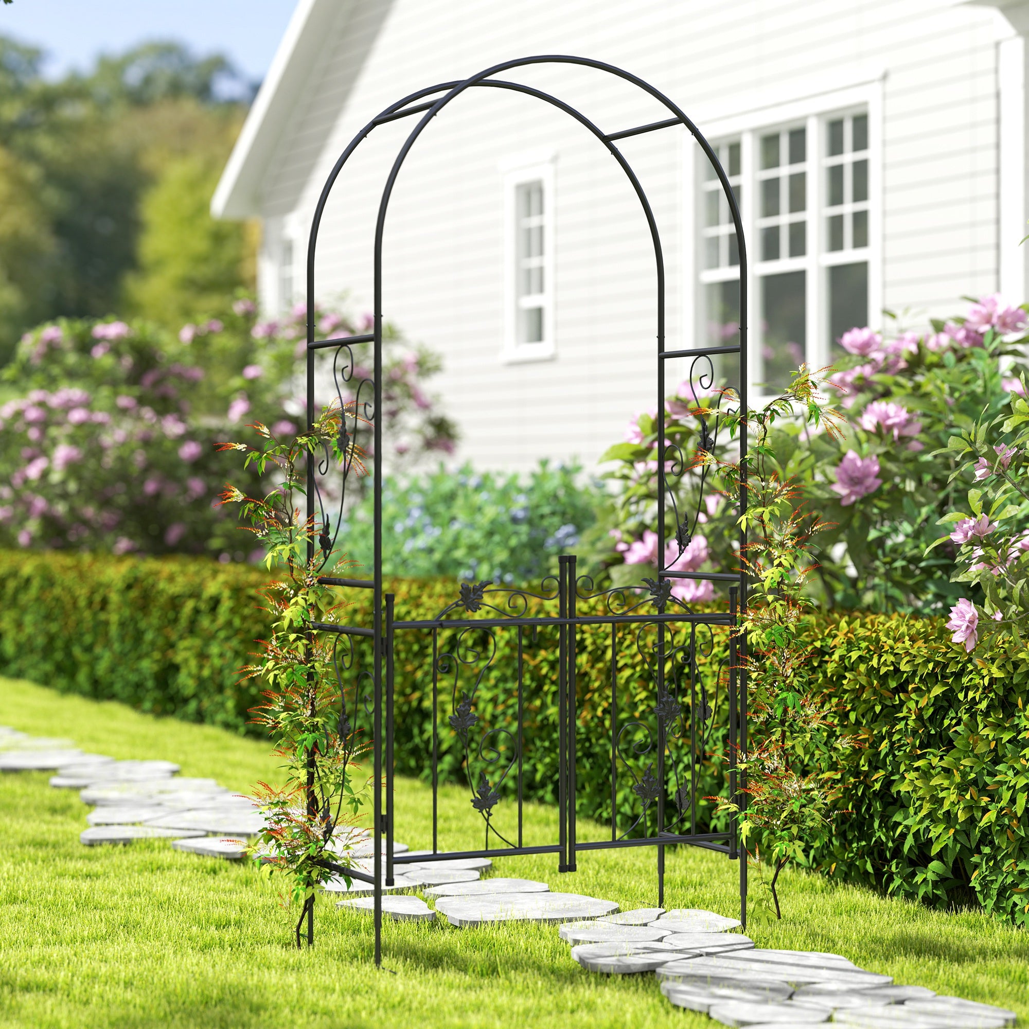 Outsunny 7ft Steel Garden Arch with Gate, Garden Arbor Trellis for Climbing Plants, Roses, Vines, Wedding Arch for Outdoor, Garden, Lawn, Backyard, Black