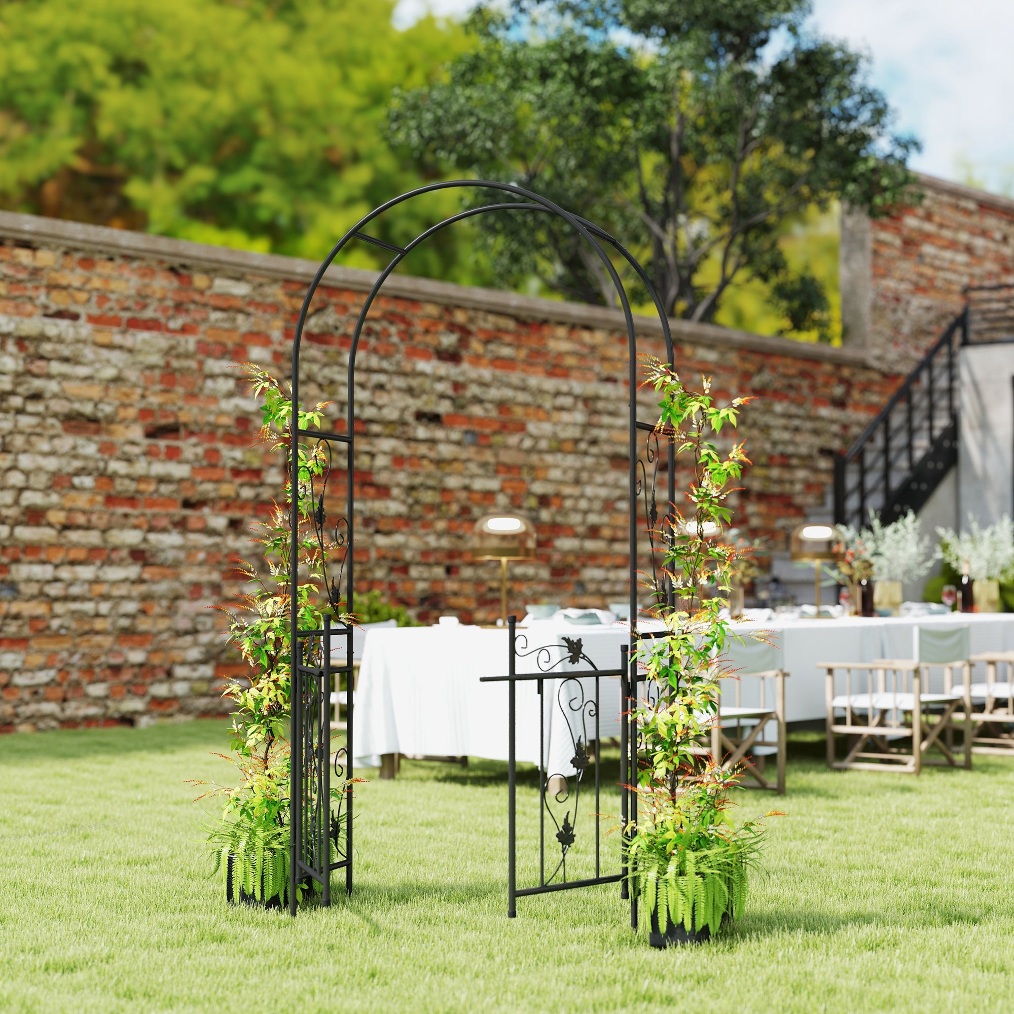 Outsunny 7ft Steel Garden Arch with Gate, Garden Arbor Trellis for Climbing Plants, Roses, Vines, Wedding Arch for Outdoor, Garden, Lawn, Backyard, Black
