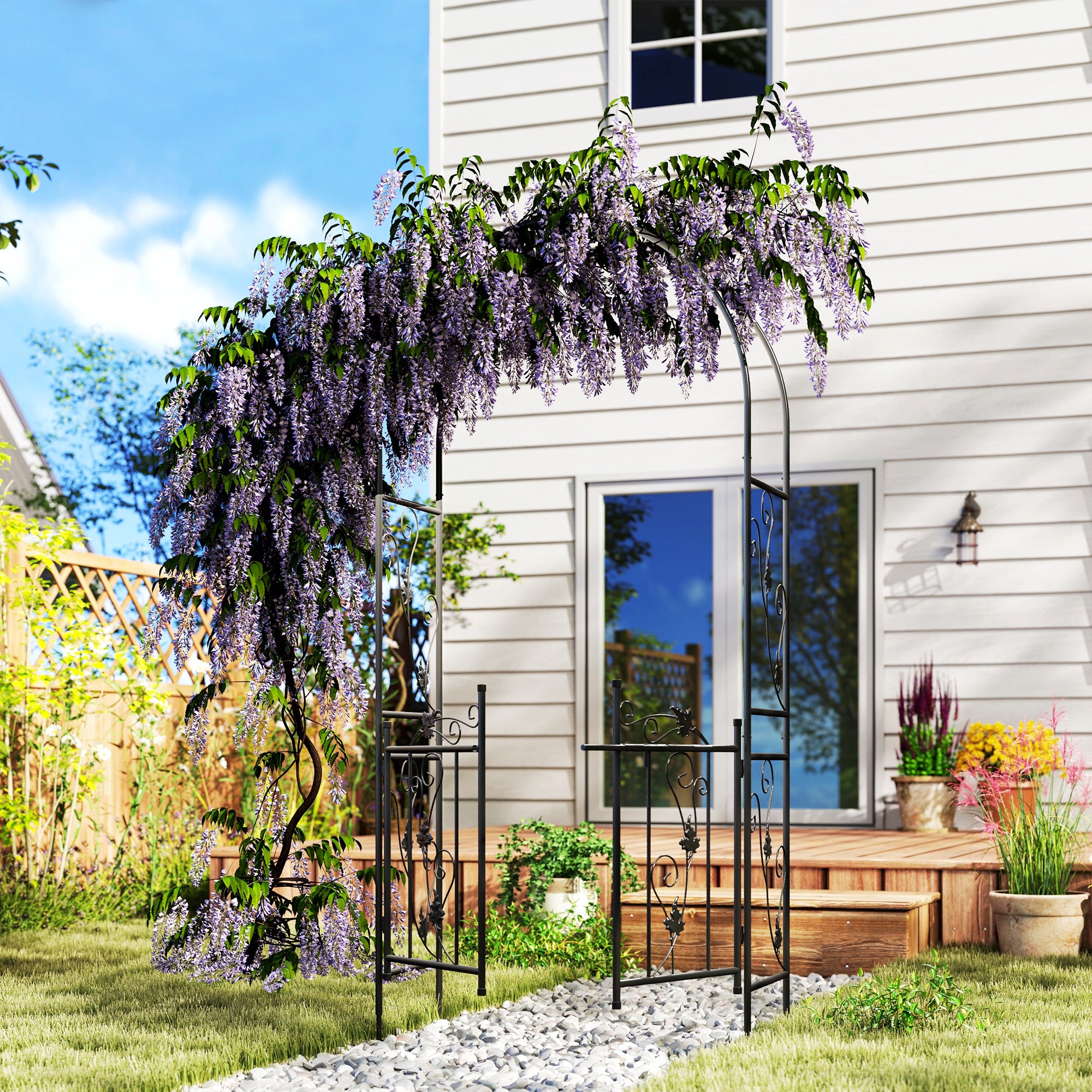 Outsunny 7ft Steel Garden Arch with Gate, Garden Arbor Trellis for Climbing Plants, Roses, Vines, Wedding Arch for Outdoor, Garden, Lawn, Backyard, Black