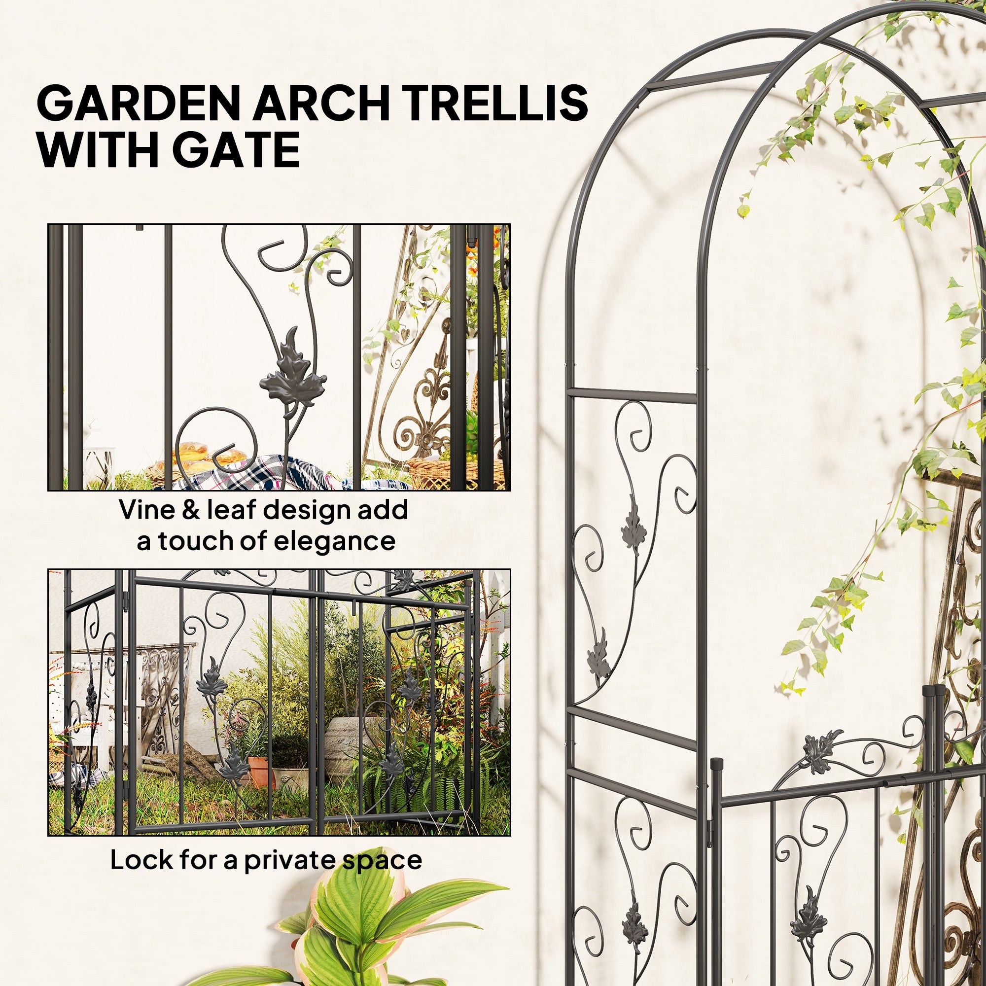 Outsunny 7ft Steel Garden Arch with Gate, Garden Arbor Trellis for Climbing Plants, Roses, Vines, Wedding Arch for Outdoor, Garden, Lawn, Backyard, Black