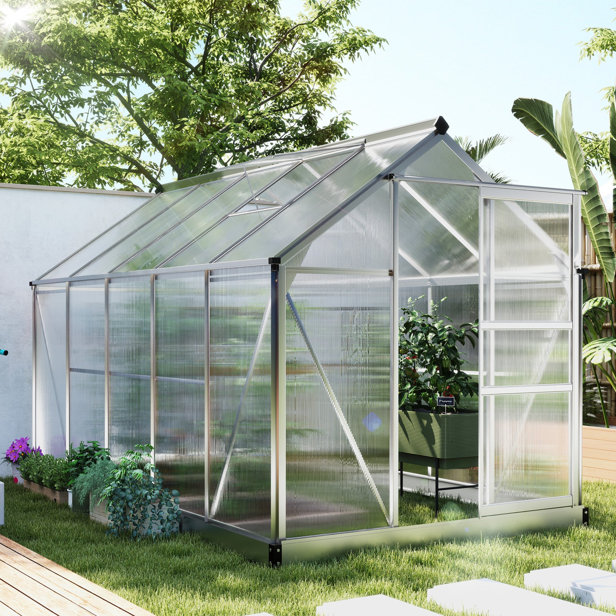 Outsunny 6' x 10' x 6.6' Polycarbonate Greenhouse, Walk-In Green House Kit Garden, Plants Grow, Galvanized Sheet Aluminum Frame with Rain Gutter, Vents and Sliding Door, Sliver