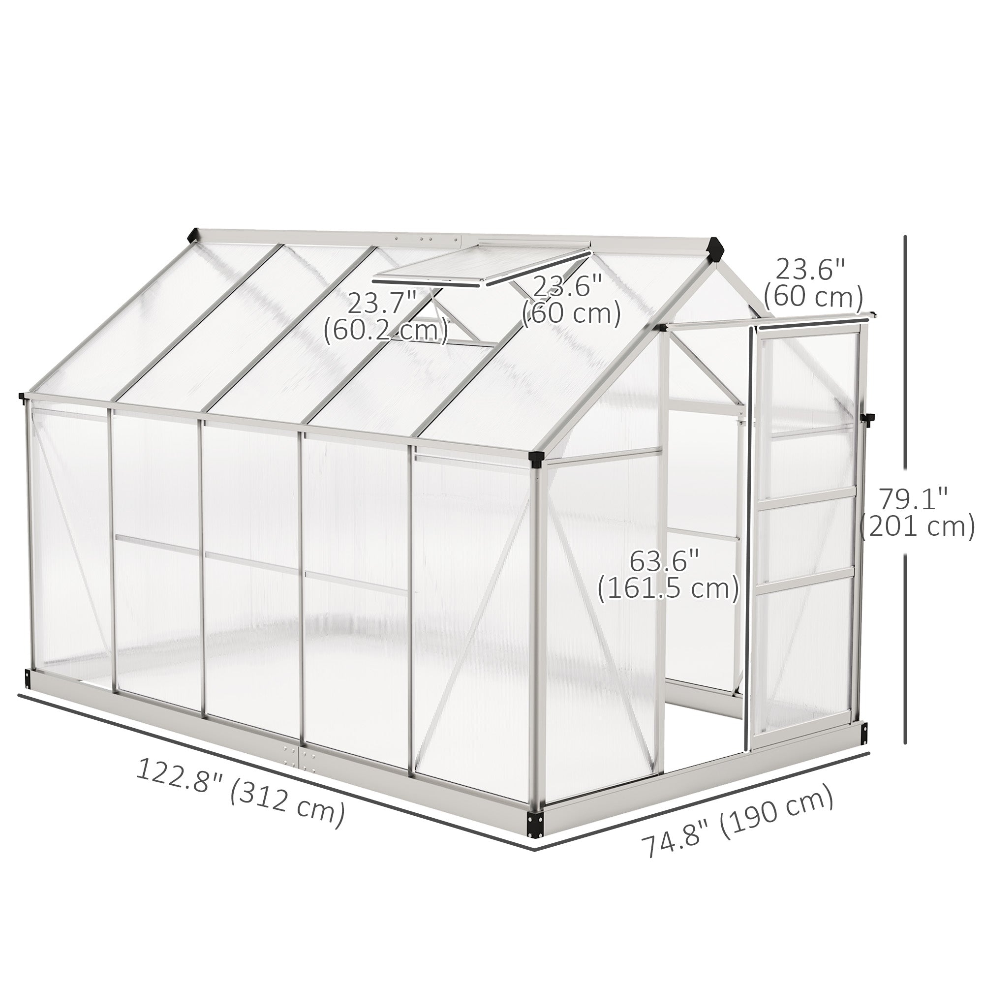 Outsunny 6' x 10' x 6.6' Polycarbonate Greenhouse, Walk-In Green House Kit Garden, Plants Grow, Galvanized Sheet Aluminum Frame with Rain Gutter, Vents and Sliding Door, Sliver