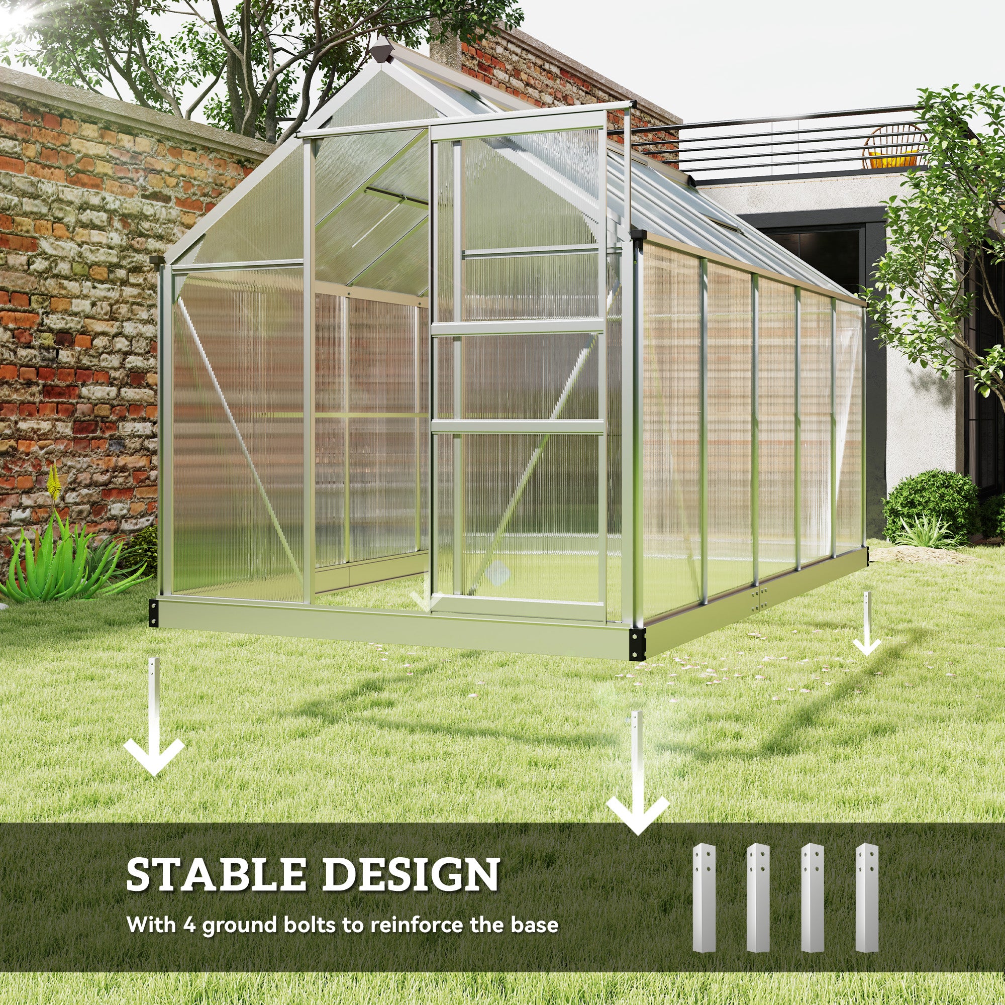 Outsunny 6' x 10' x 6.6' Polycarbonate Greenhouse, Walk-In Green House Kit Garden, Plants Grow, Galvanized Sheet Aluminum Frame with Rain Gutter, Vents and Sliding Door, Sliver