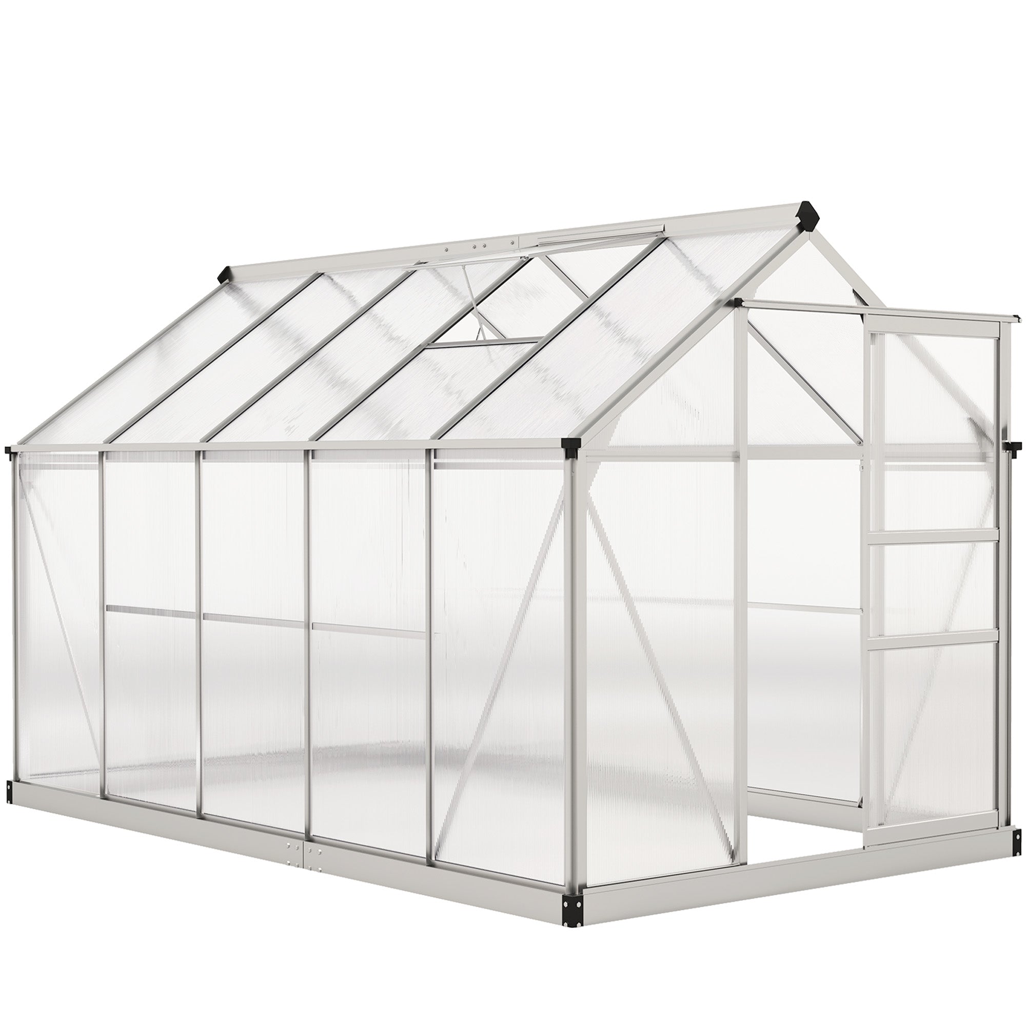 Outsunny 6' x 10' x 6.6' Polycarbonate Greenhouse, Walk-In Green House Kit Garden, Plants Grow, Galvanized Sheet Aluminum Frame with Rain Gutter, Vents and Sliding Door, Sliver