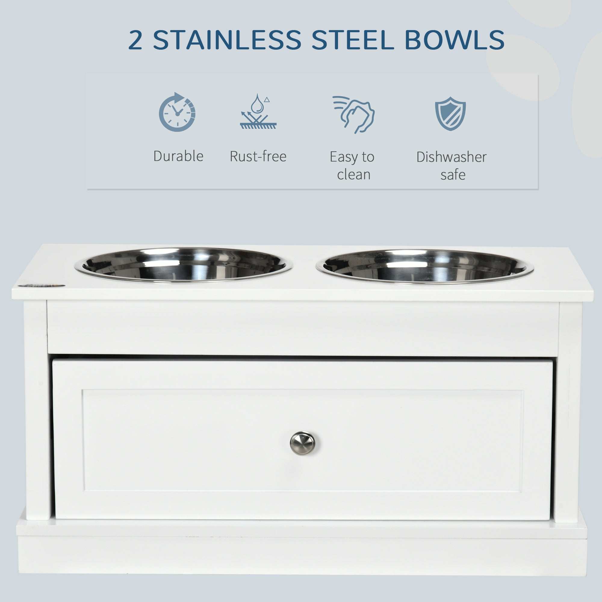 PawHut Elevated Dog Bowls with Storage Drawer, Raised Dog Bowls with Stand, 2 Stainless Steel Bowls for Large Dogs, White