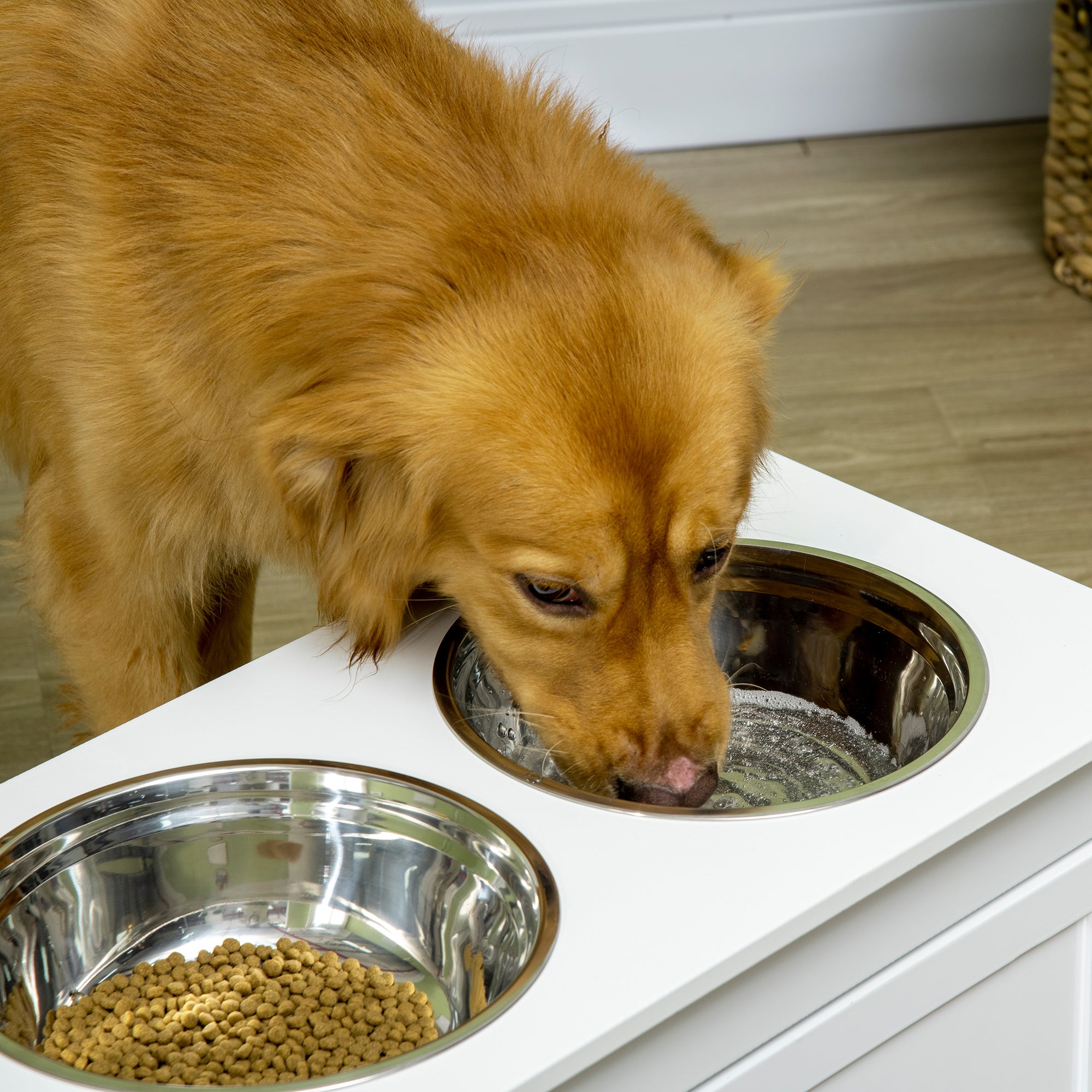 PawHut Elevated Dog Bowls with Storage Drawer, Raised Dog Bowls with Stand, 2 Stainless Steel Bowls for Large Dogs, White