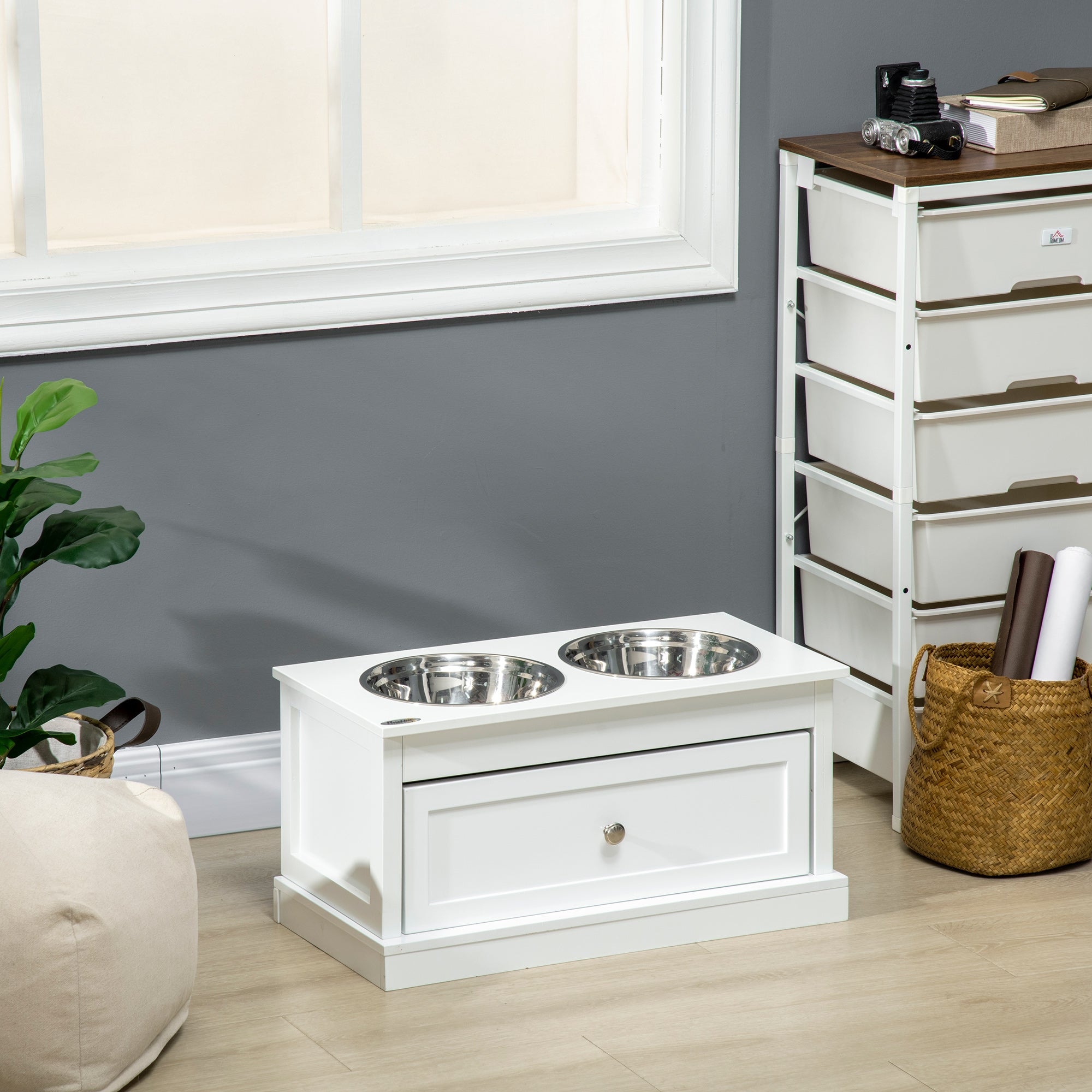 PawHut Elevated Dog Bowls with Storage Drawer, Raised Dog Bowls with Stand, 2 Stainless Steel Bowls for Large Dogs, White