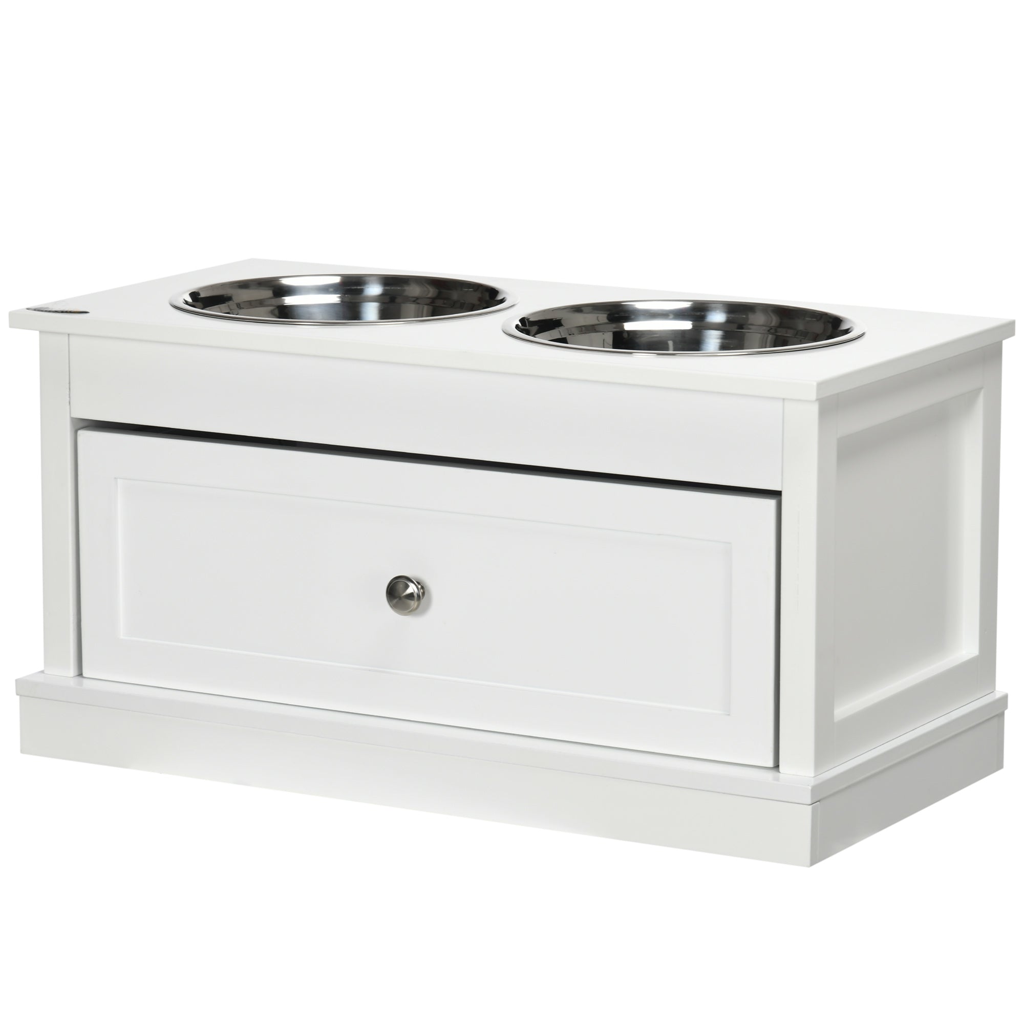 PawHut Elevated Dog Bowls with Storage Drawer, Raised Dog Bowls with Stand, 2 Stainless Steel Bowls for Large Dogs, White