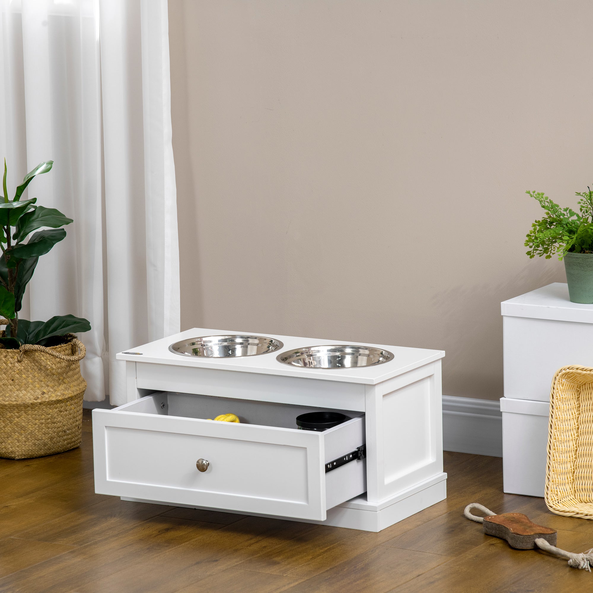PawHut Elevated Dog Bowls with Storage Drawer, Raised Dog Bowls with Stand, 2 Stainless Steel Bowls for Large Dogs, White
