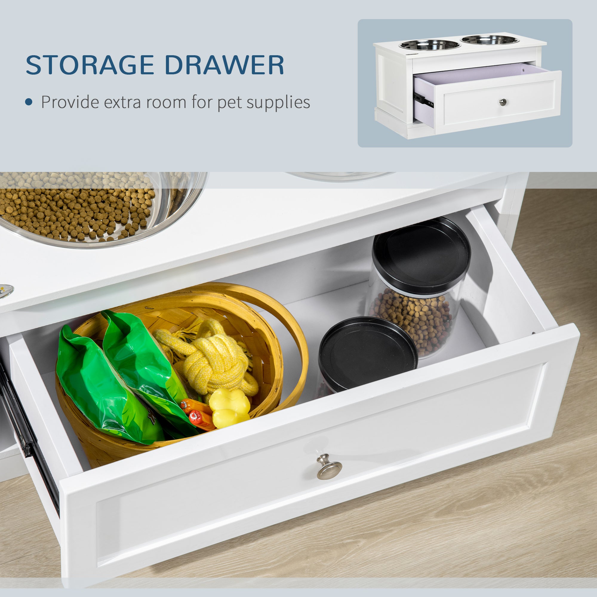 PawHut Elevated Dog Bowls with Storage Drawer, Raised Dog Bowls with Stand, 2 Stainless Steel Bowls for Large Dogs, White