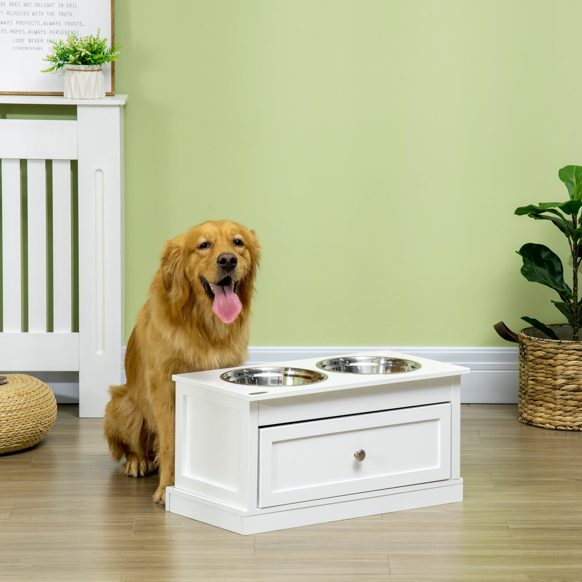 PawHut Elevated Dog Bowls with Storage Drawer, Raised Dog Bowls with Stand, 2 Stainless Steel Bowls for Large Dogs, White