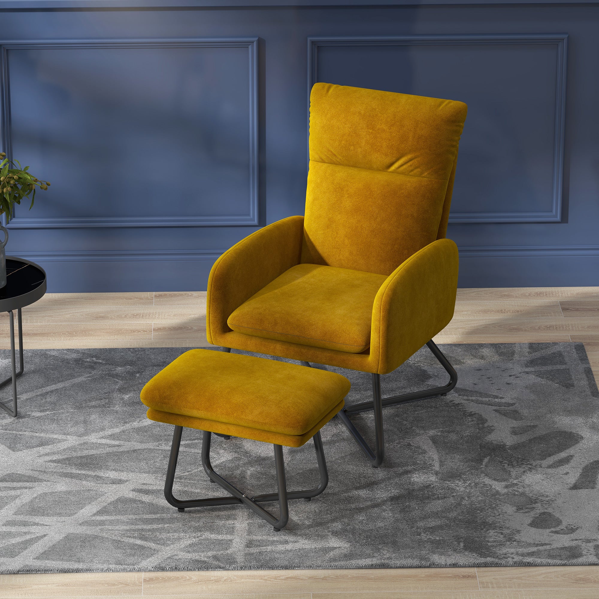 HOMCOM Modern Accent Chair with Ottoman, Upholstered Armchair with Footrest, Cross Metal Legs and Padded Cushion for Living Room, Bedroom, Yellow