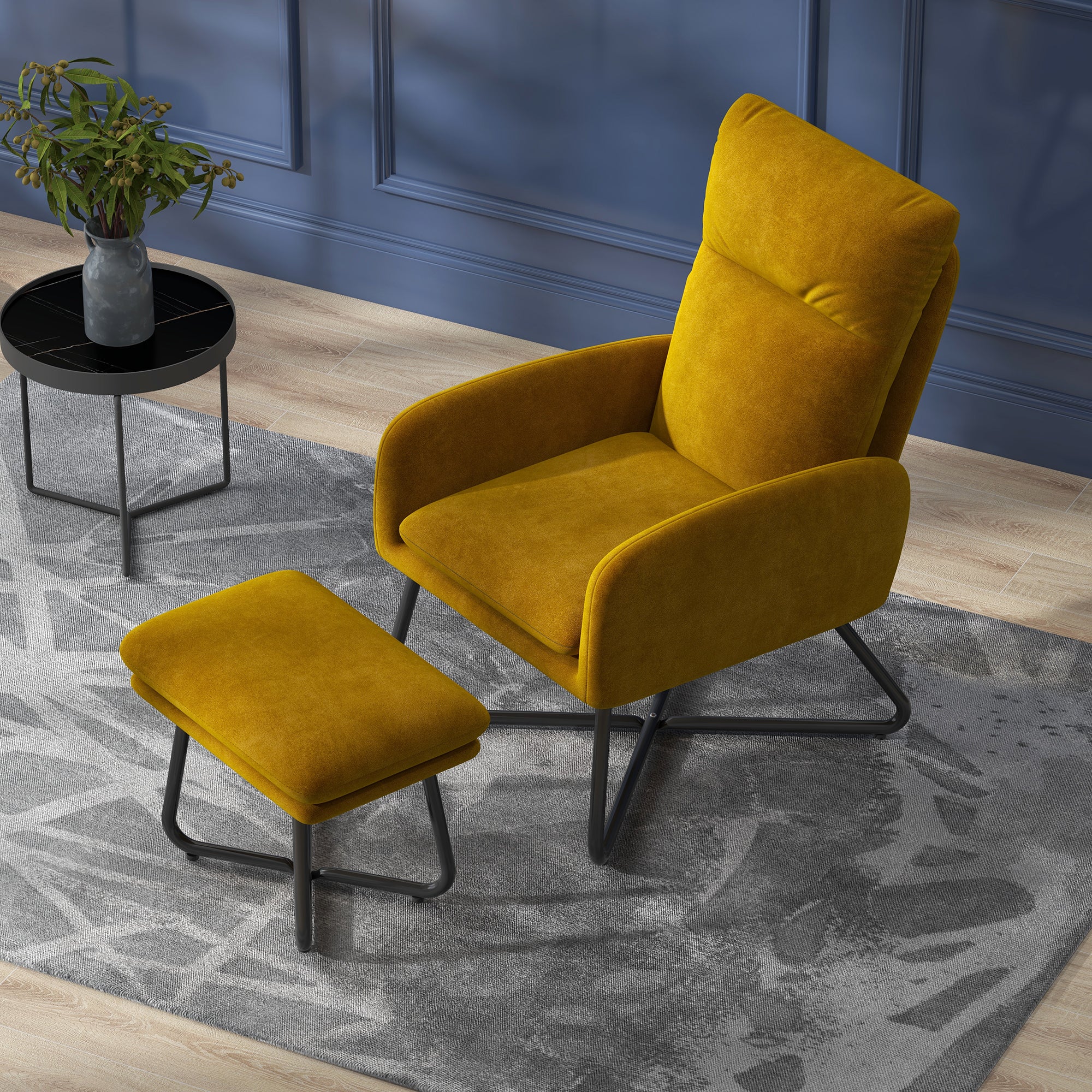 HOMCOM Modern Accent Chair with Ottoman, Upholstered Armchair with Footrest, Cross Metal Legs and Padded Cushion for Living Room, Bedroom, Yellow