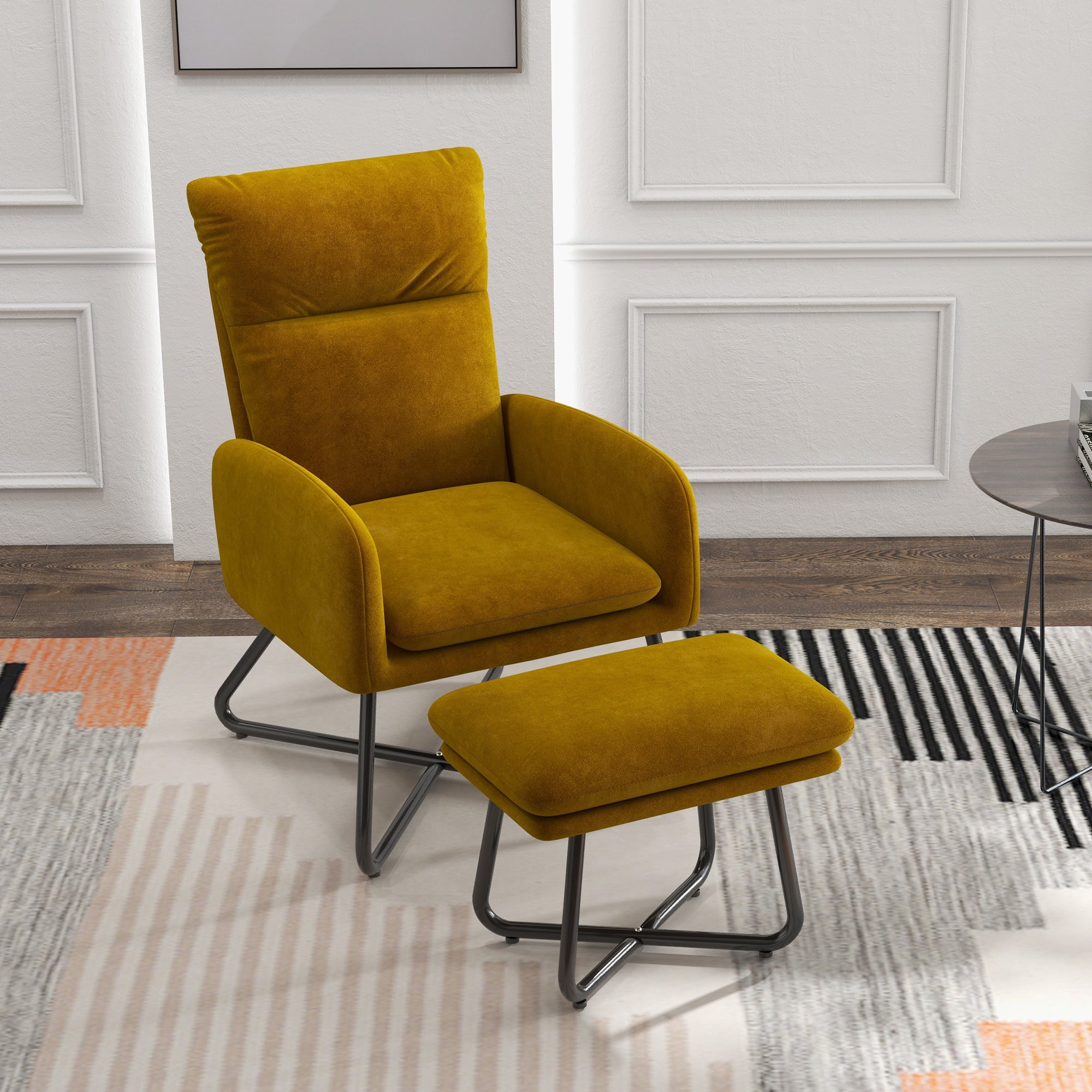 HOMCOM Modern Accent Chair with Ottoman, Upholstered Armchair with Footrest, Cross Metal Legs and Padded Cushion for Living Room, Bedroom, Yellow
