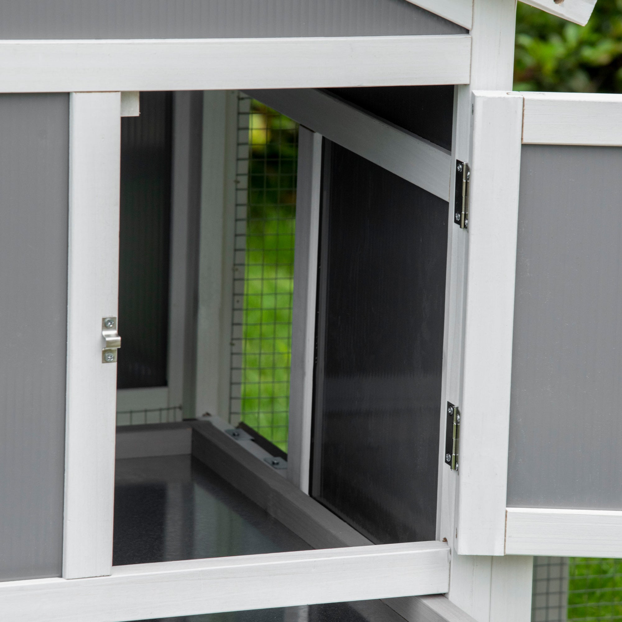 PawHut Wooden Rabbit Hutch 2 Tier Guinea Pig Cage Bunny Run w/ Sunlight Panel Roof and Slide-Out Tray - Grey