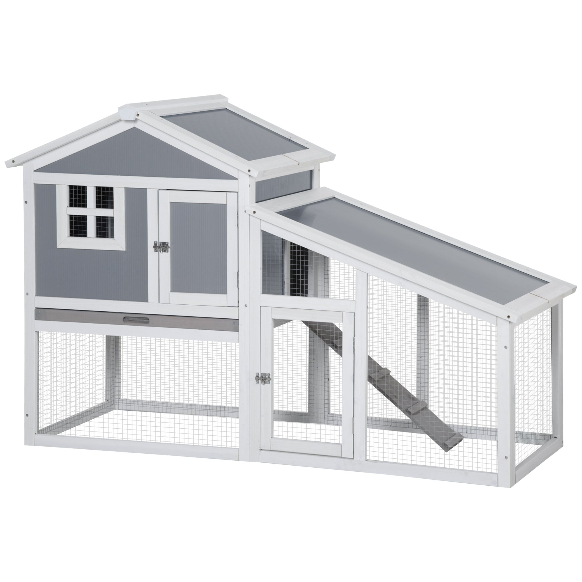 PawHut Wooden Rabbit Hutch 2 Tier Guinea Pig Cage Bunny Run w/ Sunlight Panel Roof and Slide-Out Tray - Grey