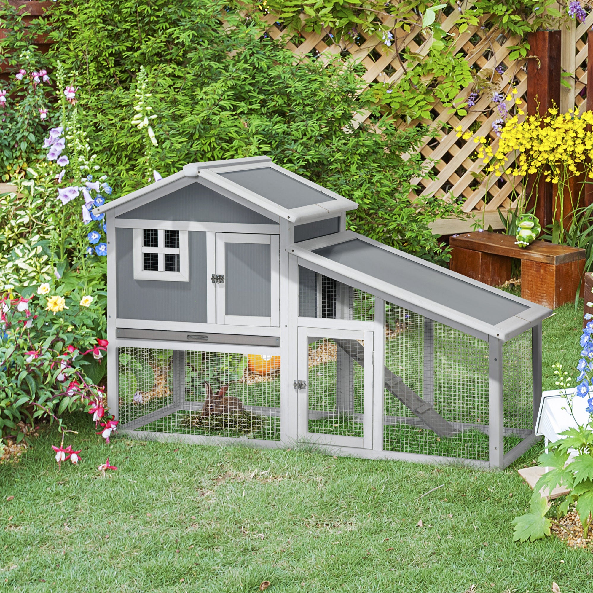 PawHut Wooden Rabbit Hutch 2 Tier Guinea Pig Cage Bunny Run w/ Sunlight Panel Roof and Slide-Out Tray - Grey