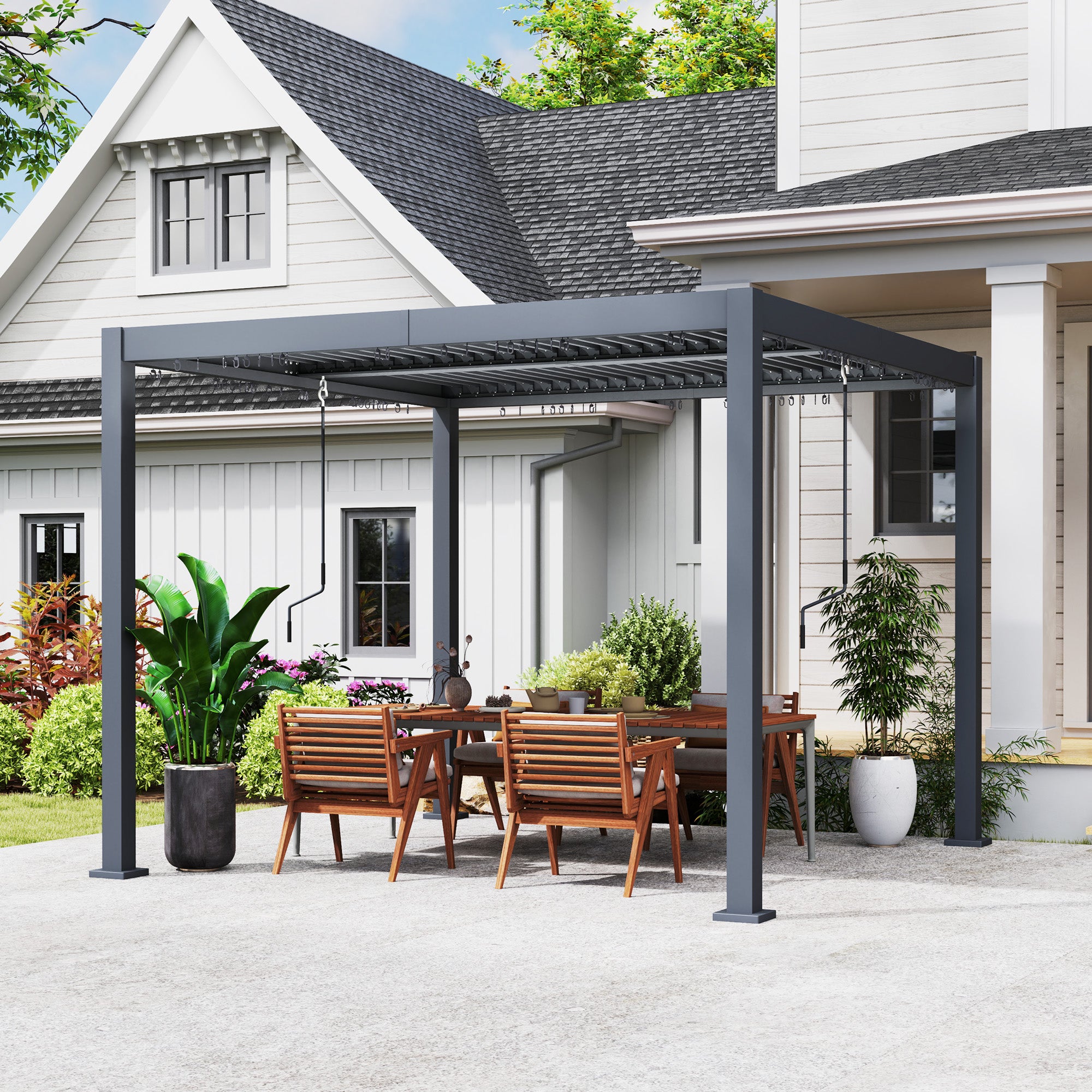 Outsunny 10' x 10' Louvered Pergola with Adjustable Metal Roof and Aluminum Frame, Outdoor Pergola Hardtop Gazebo with Drainage System, Water and UV Proof for Deck Backyard Patio