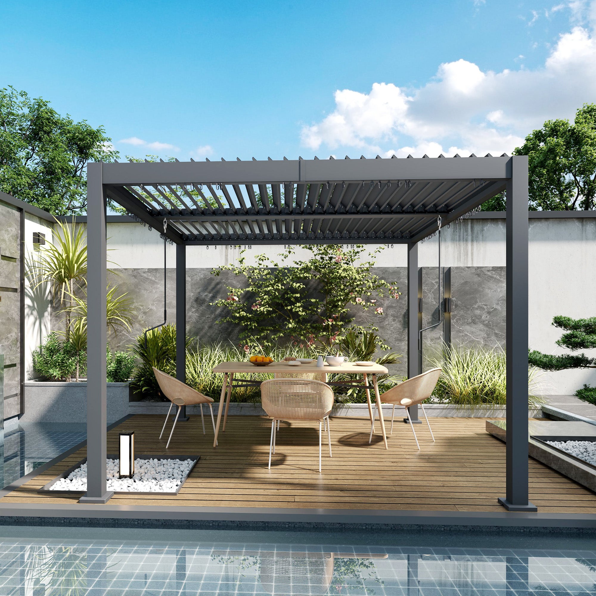 Outsunny 10' x 10' Louvered Pergola with Adjustable Metal Roof and Aluminum Frame, Outdoor Pergola Hardtop Gazebo with Drainage System, Water and UV Proof for Deck Backyard Patio