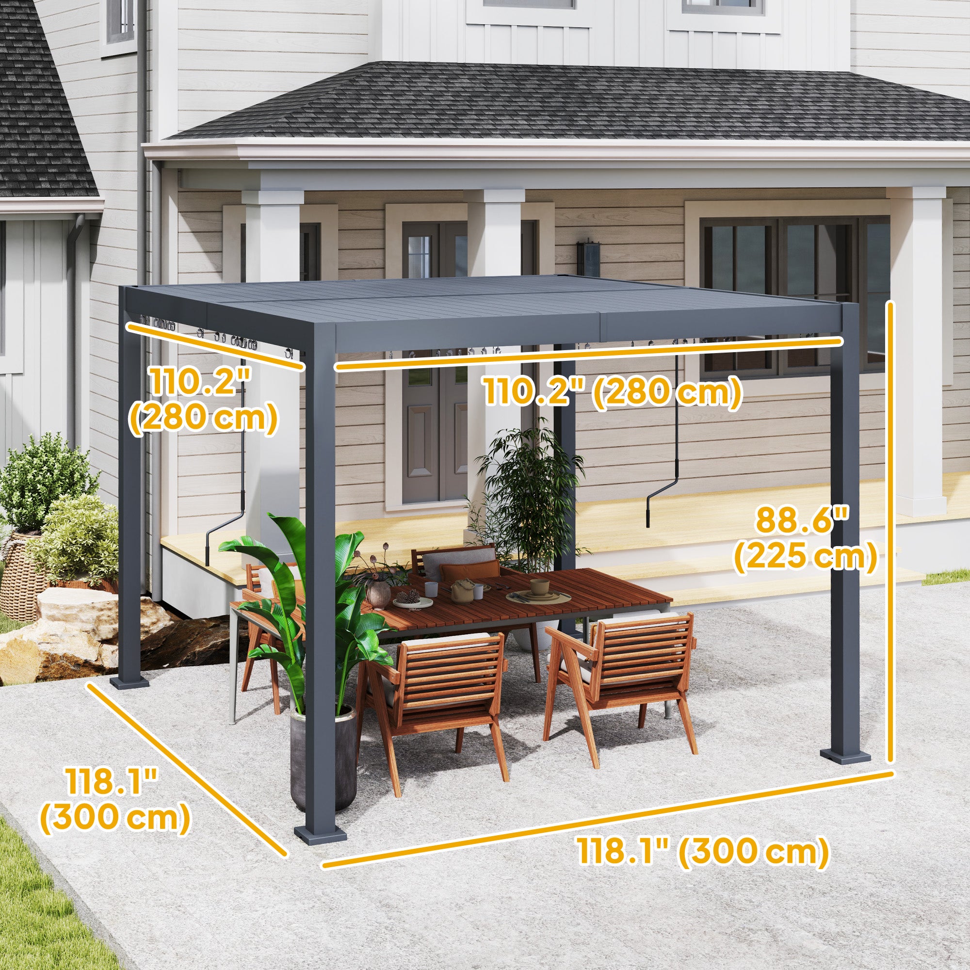 Outsunny 10' x 10' Louvered Pergola with Adjustable Metal Roof and Aluminum Frame, Outdoor Pergola Hardtop Gazebo with Drainage System, Water and UV Proof for Deck Backyard Patio