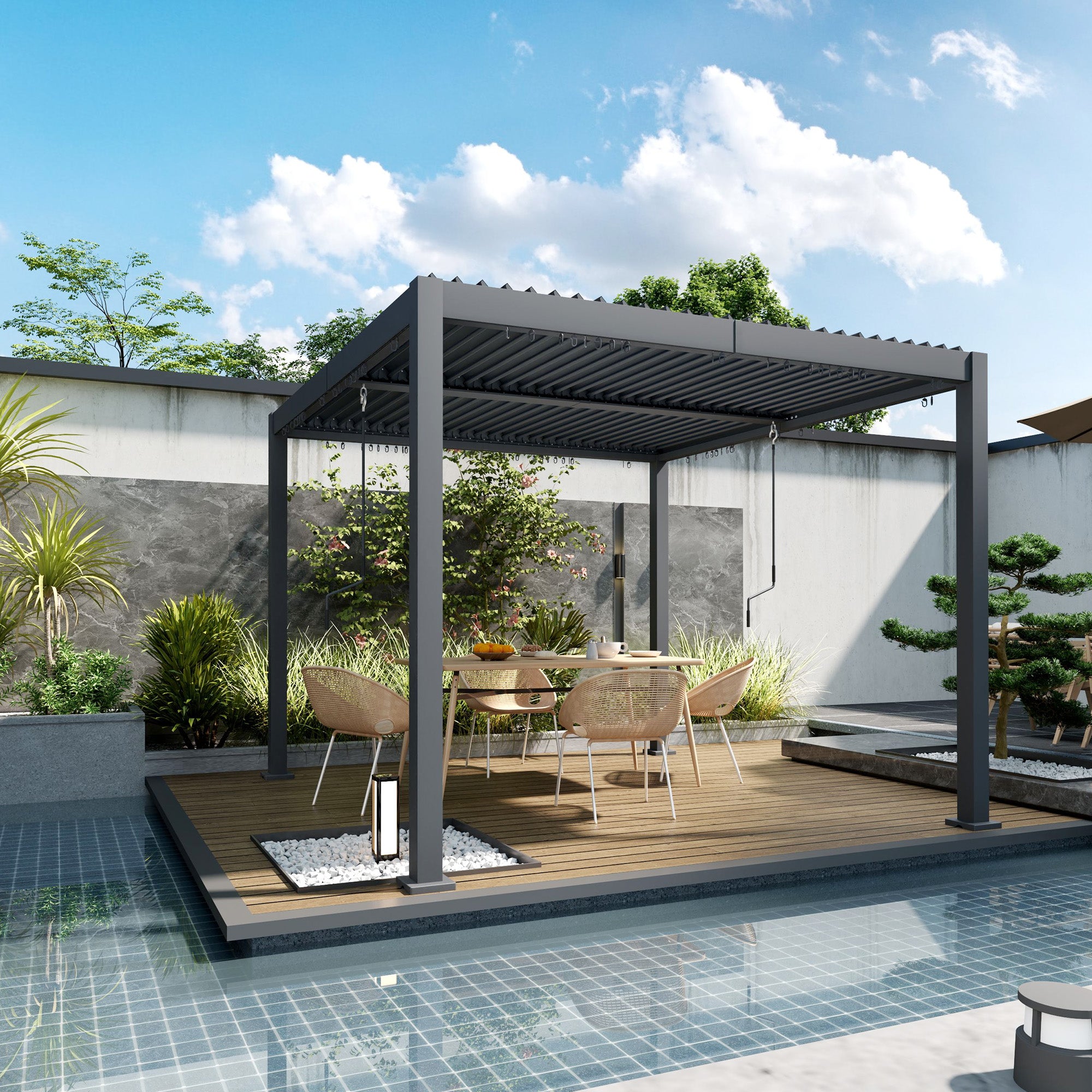 Outsunny 10' x 10' Louvered Pergola with Adjustable Metal Roof and Aluminum Frame, Outdoor Pergola Hardtop Gazebo with Drainage System, Water and UV Proof for Deck Backyard Patio