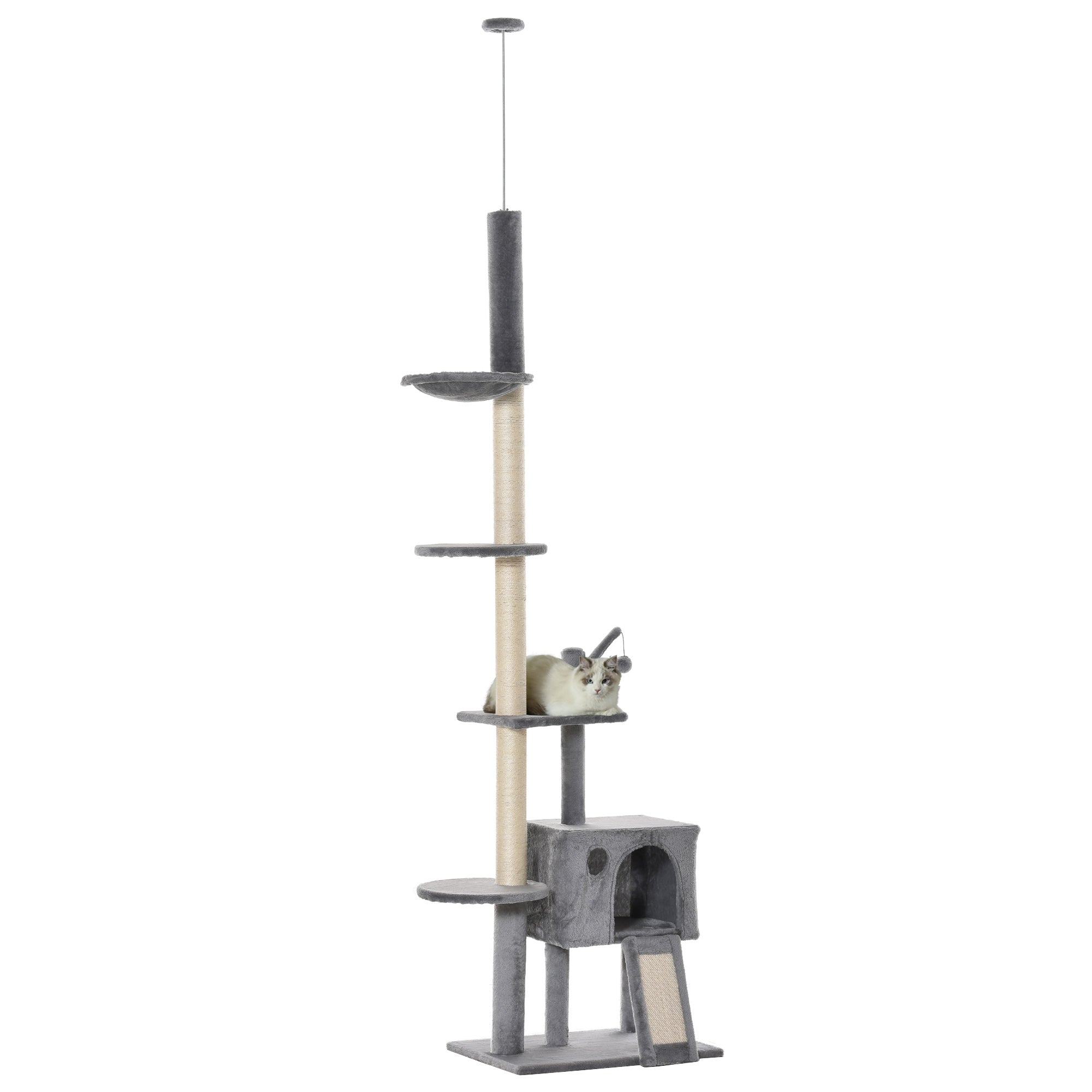 PawHut 270cm Floor To Ceiling Cat Tree Cat House Scratching Post for Indoor Cats Hammock Hanging Ball Activity Center Grey