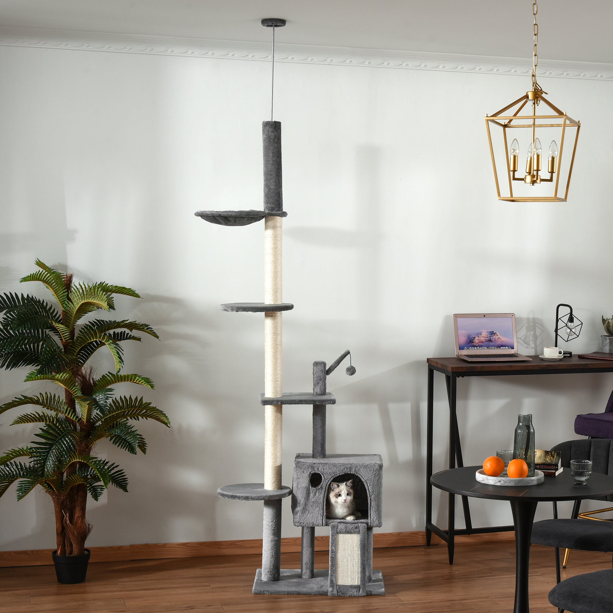 PawHut 270cm Floor To Ceiling Cat Tree Cat House Scratching Post for Indoor Cats Hammock Hanging Ball Activity Center Grey