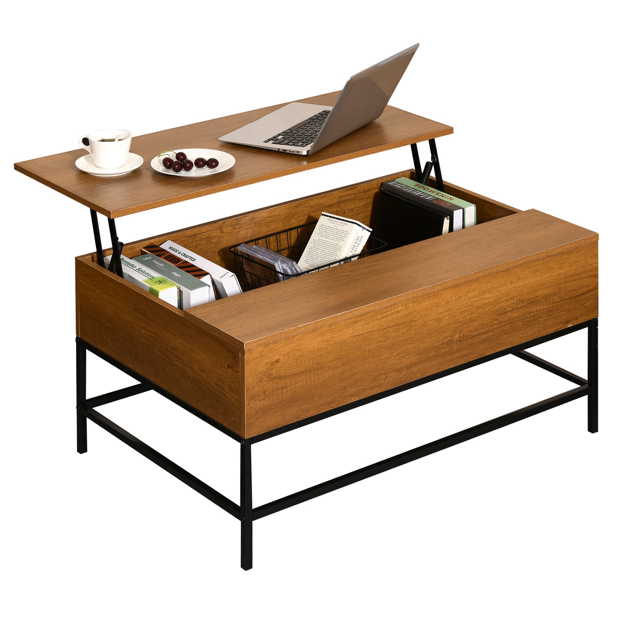 HOMCOM Lift Top Coffee Table with Hidden Storage Compartment Lift Tabletop Center Table for Living Room, Teak