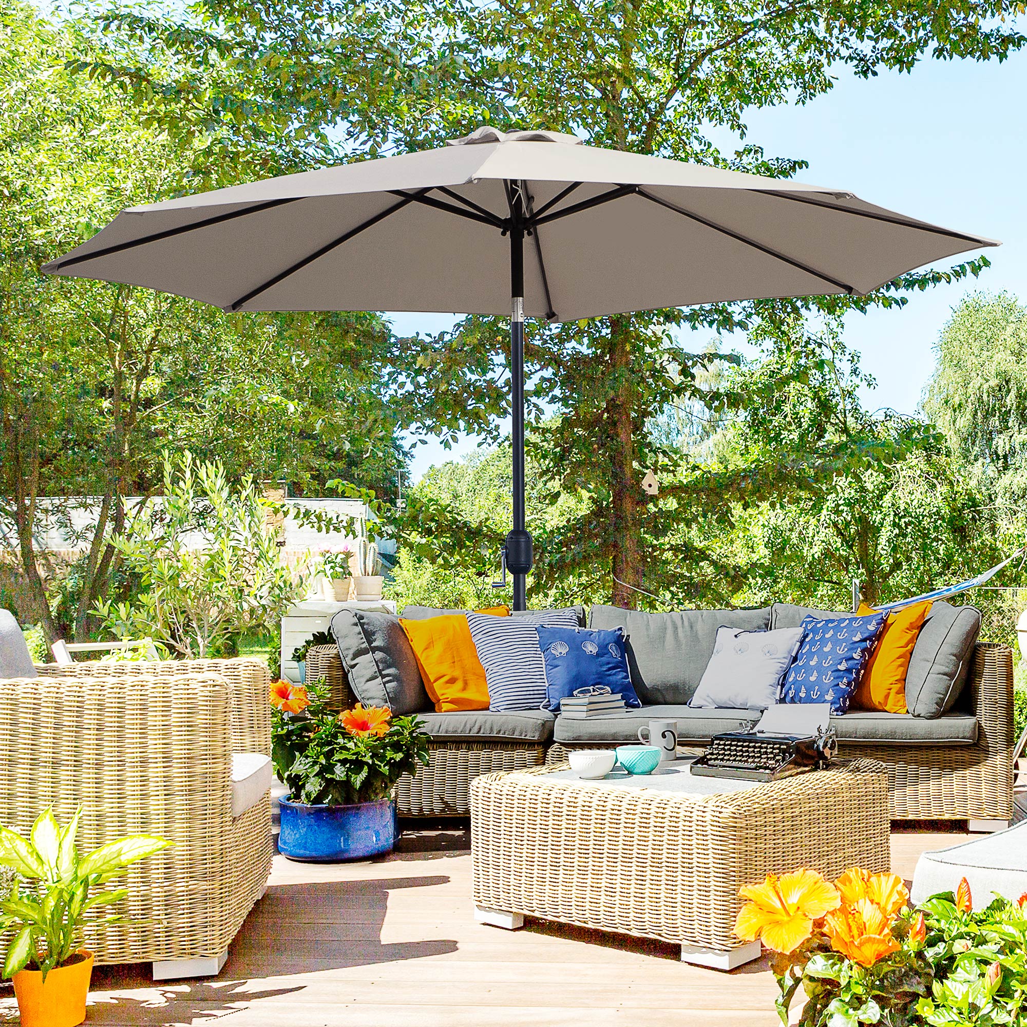 Outsunny 10' x 8' Round Market Umbrella, Patio Umbrella with Crank Handle and Tilt, Outdoor Parasol for Garden, Bench, Lawn, Light Grey