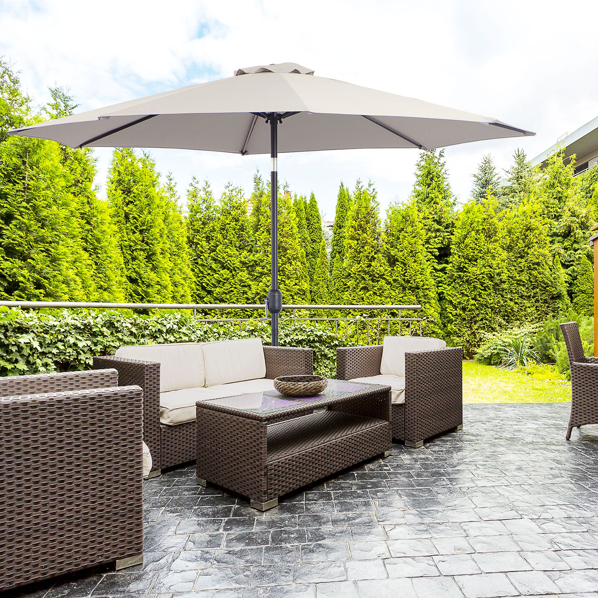 Outsunny 10' x 8' Round Market Umbrella, Patio Umbrella with Crank Handle and Tilt, Outdoor Parasol for Garden, Bench, Lawn, Light Grey