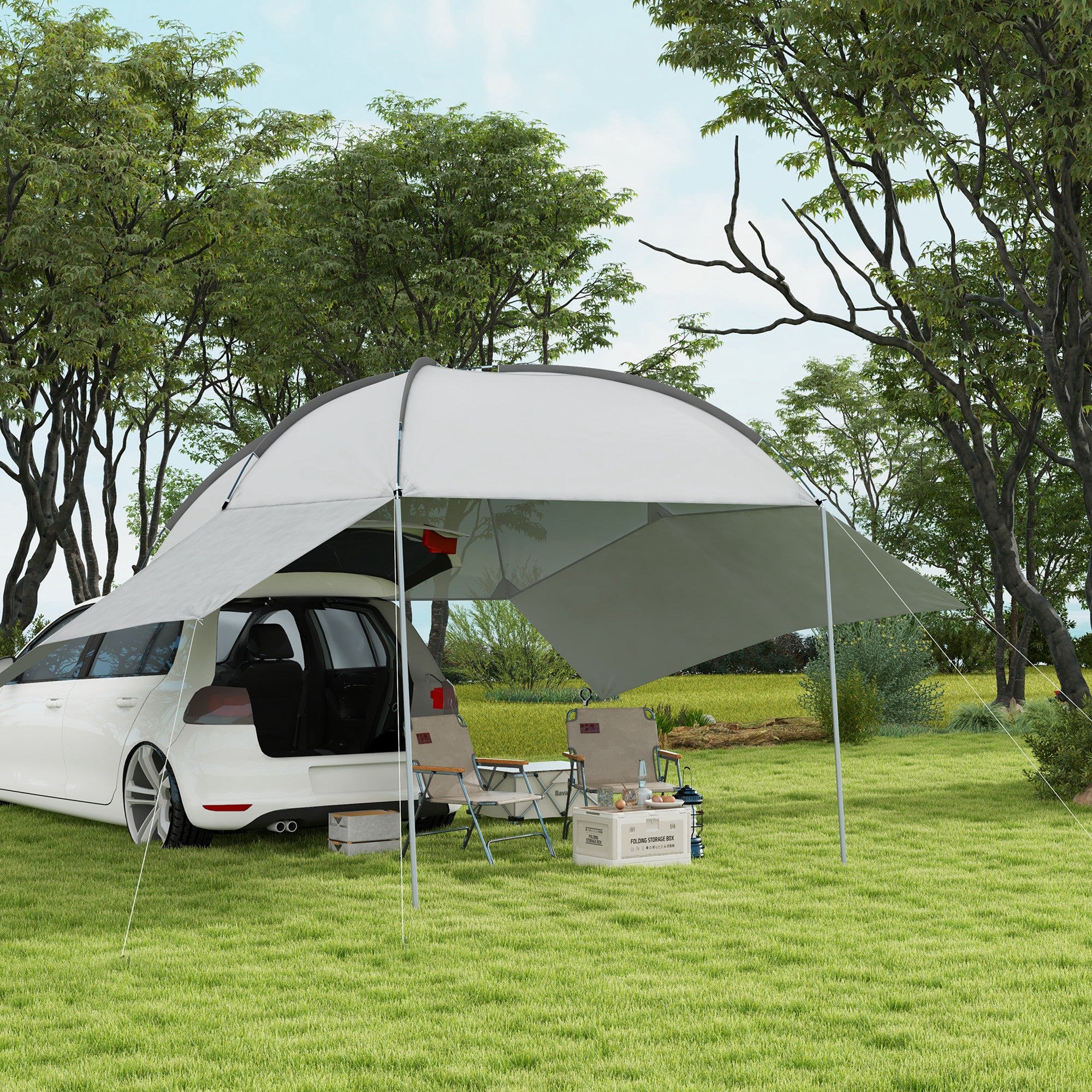 Outsunny Portable SUV Tailgate Tent with Awning Shade and 2 Side Walls, Car Camping Tent with Adjustable Support Poles and Carry Bag, for Truck, RV, Van, Trailer, Light Grey