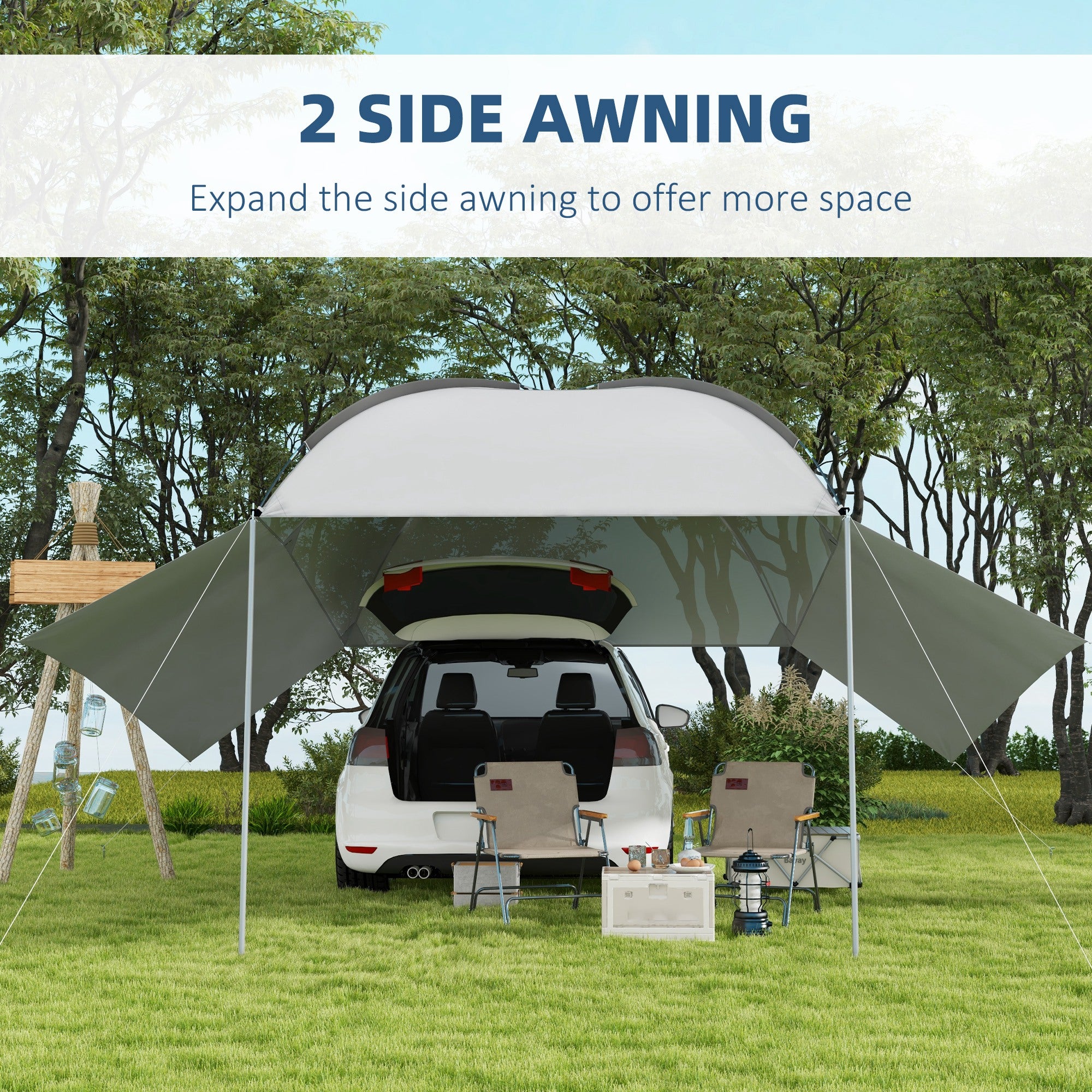 Outsunny Portable SUV Tailgate Tent with Awning Shade and 2 Side Walls, Car Camping Tent with Adjustable Support Poles and Carry Bag, for Truck, RV, Van, Trailer, Light Grey