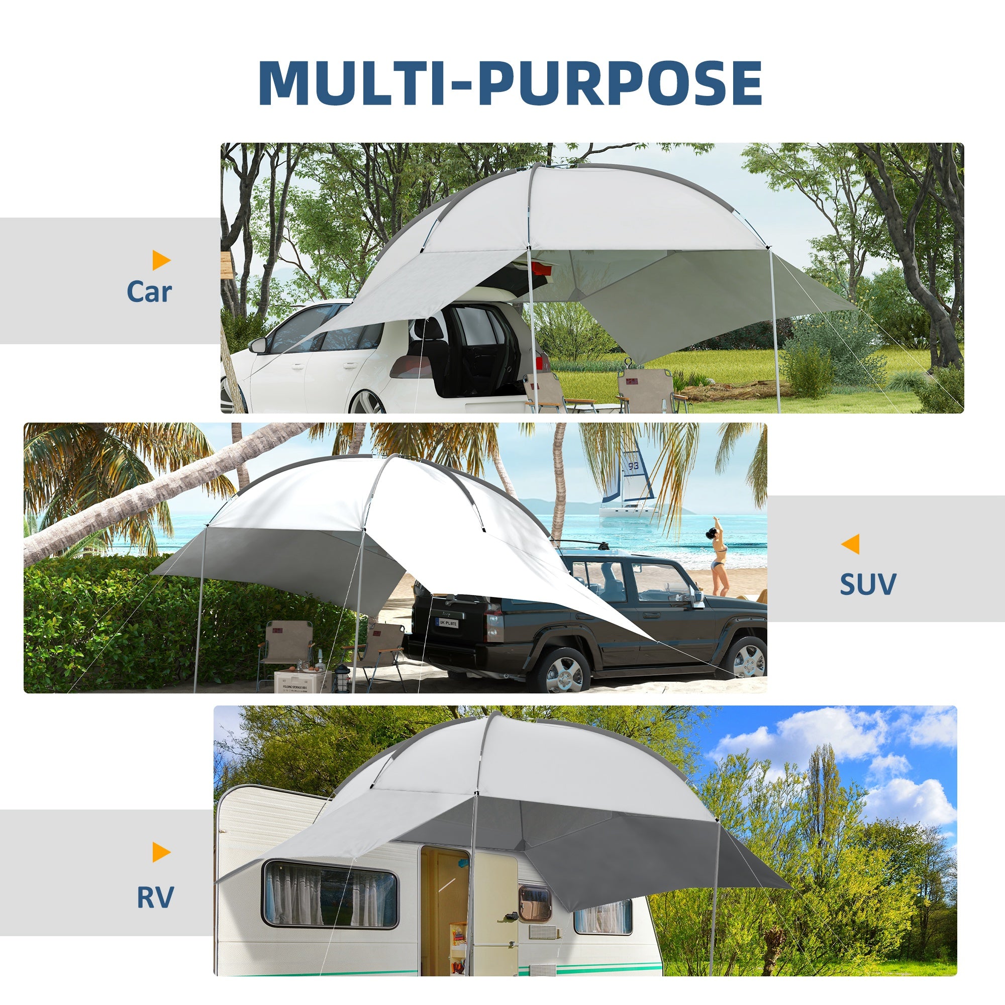 Outsunny Portable SUV Tailgate Tent with Awning Shade and 2 Side Walls, Car Camping Tent with Adjustable Support Poles and Carry Bag, for Truck, RV, Van, Trailer, Light Grey