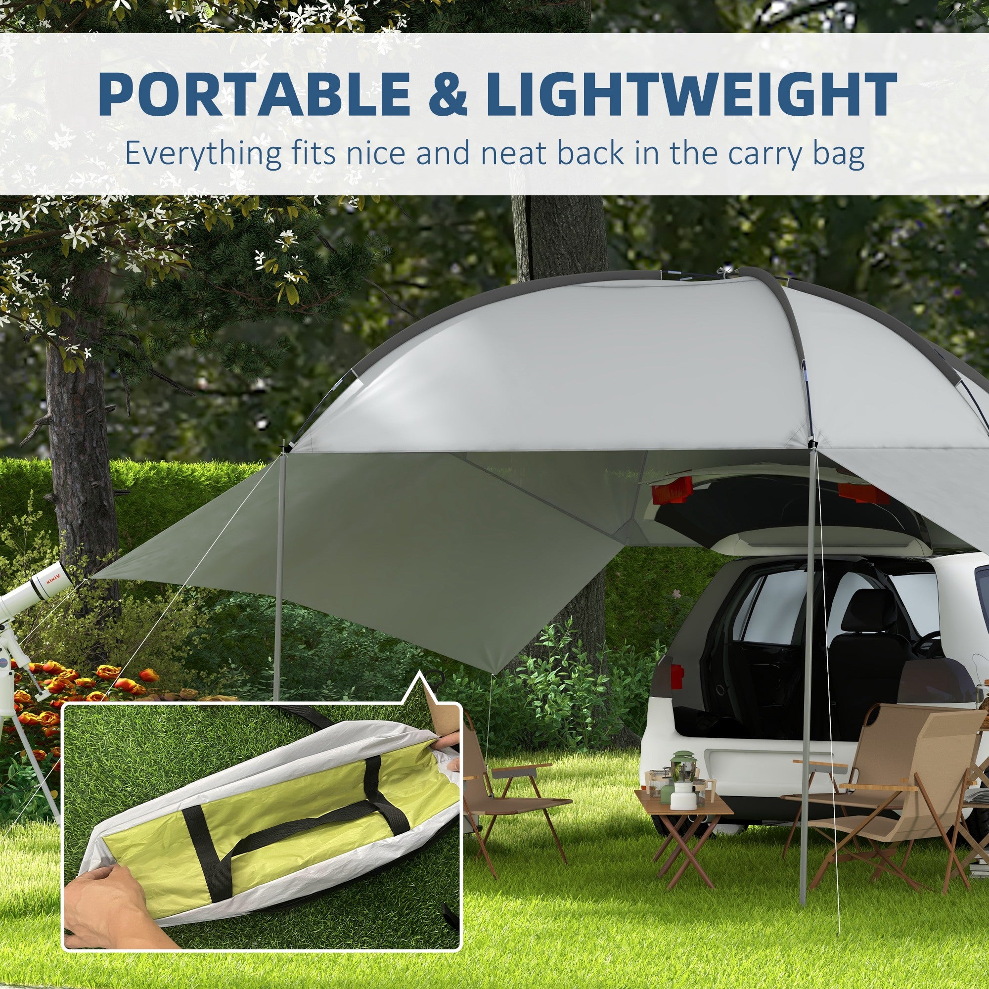 Outsunny Portable SUV Tailgate Tent with Awning Shade and 2 Side Walls, Car Camping Tent with Adjustable Support Poles and Carry Bag, for Truck, RV, Van, Trailer, Light Grey