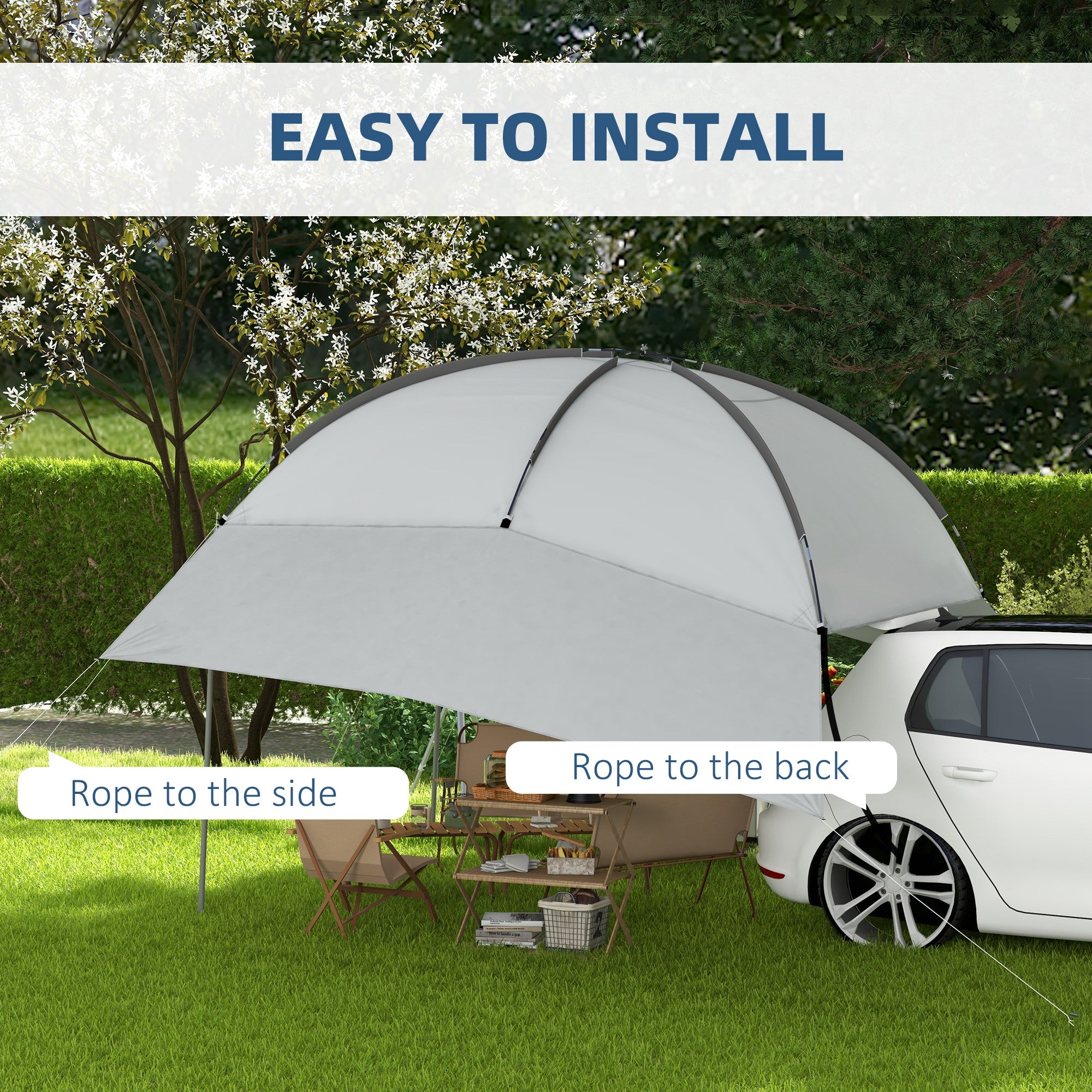 Outsunny Portable SUV Tailgate Tent with Awning Shade and 2 Side Walls, Car Camping Tent with Adjustable Support Poles and Carry Bag, for Truck, RV, Van, Trailer, Light Grey
