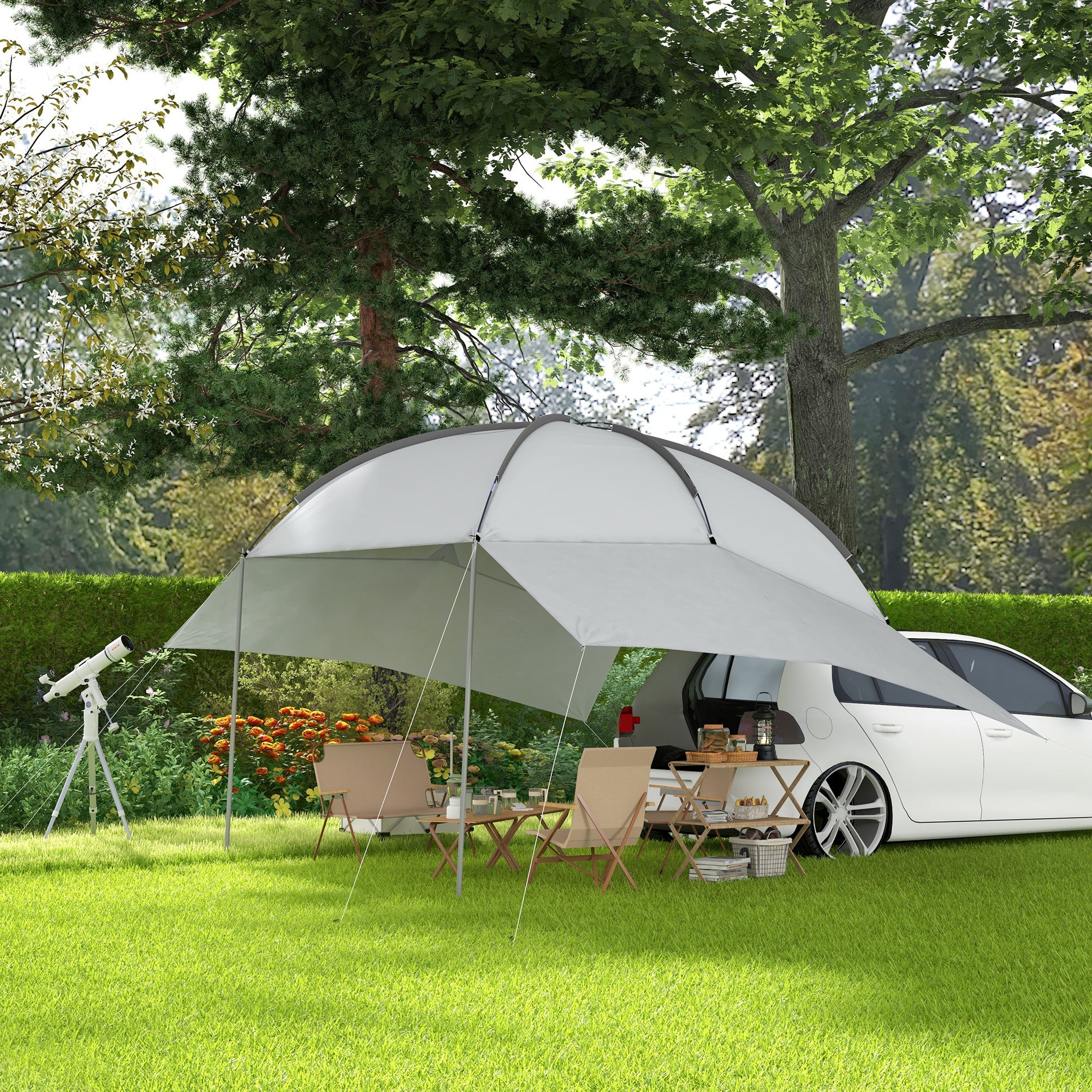 Outsunny Portable SUV Tailgate Tent with Awning Shade and 2 Side Walls, Car Camping Tent with Adjustable Support Poles and Carry Bag, for Truck, RV, Van, Trailer, Light Grey