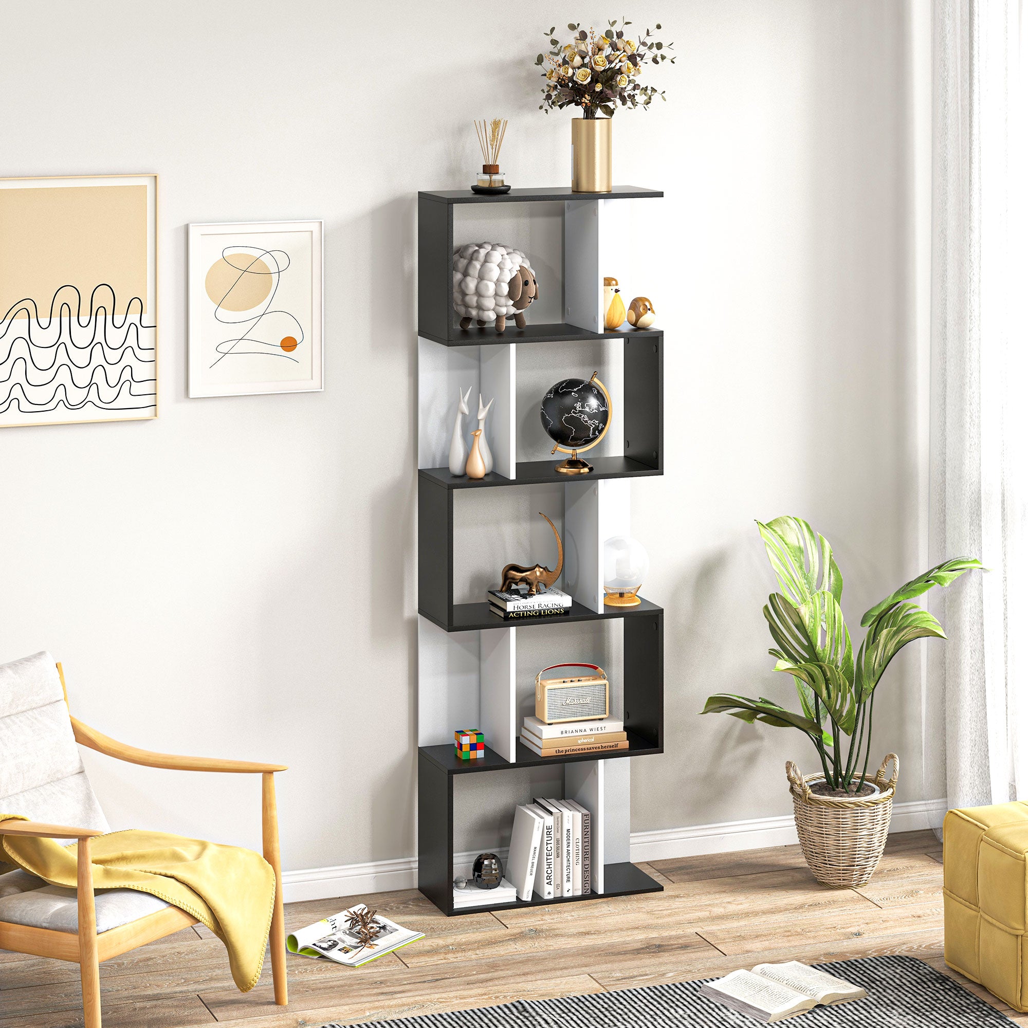 HOMCOM 5-tier Bookcase Storage Display Shelving S Shape design Unit Divider Black