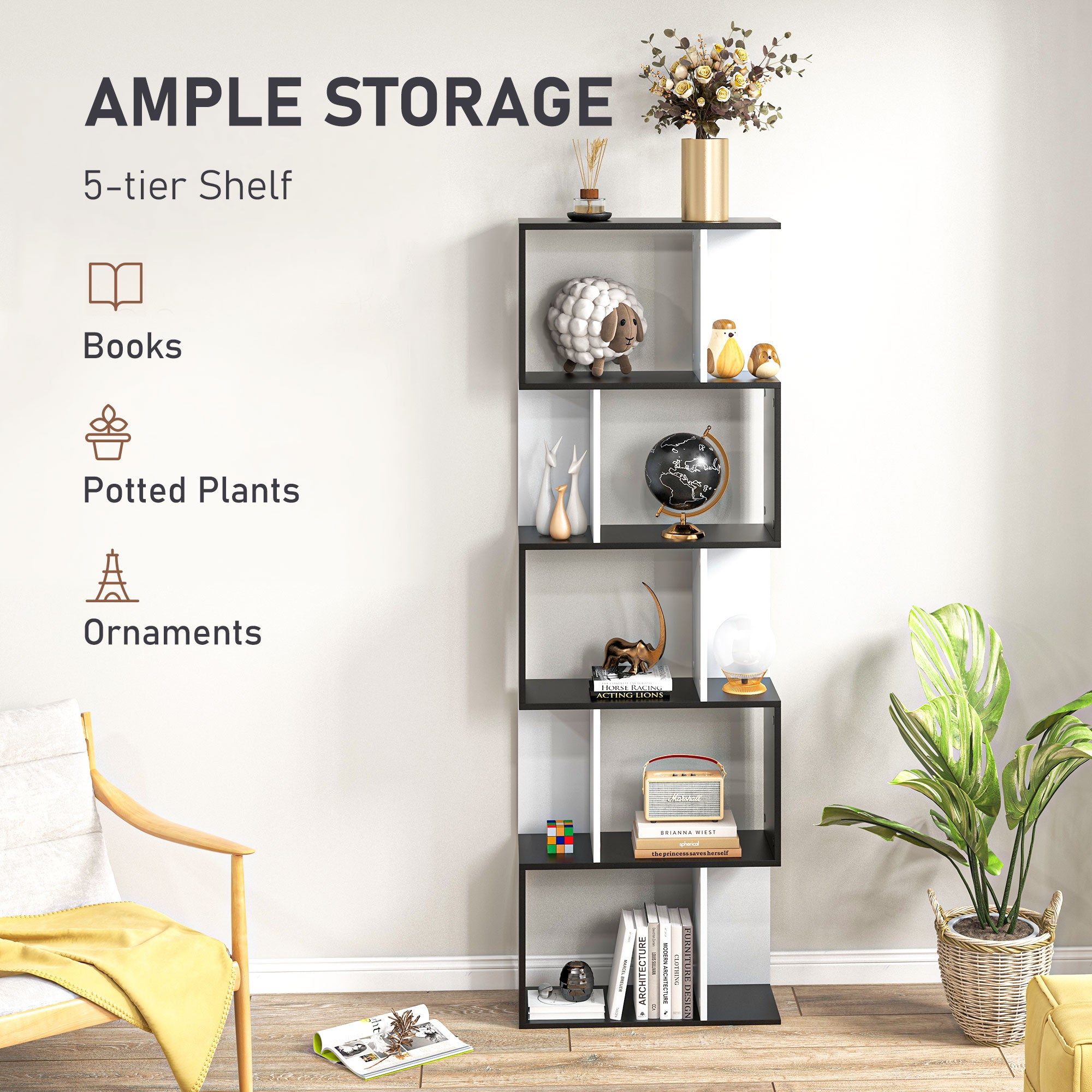 HOMCOM 5-Tier Geometric Bookcase Display Shelf Storage Shelf Modern Room Divider Living Room Home Office Furniture, Black