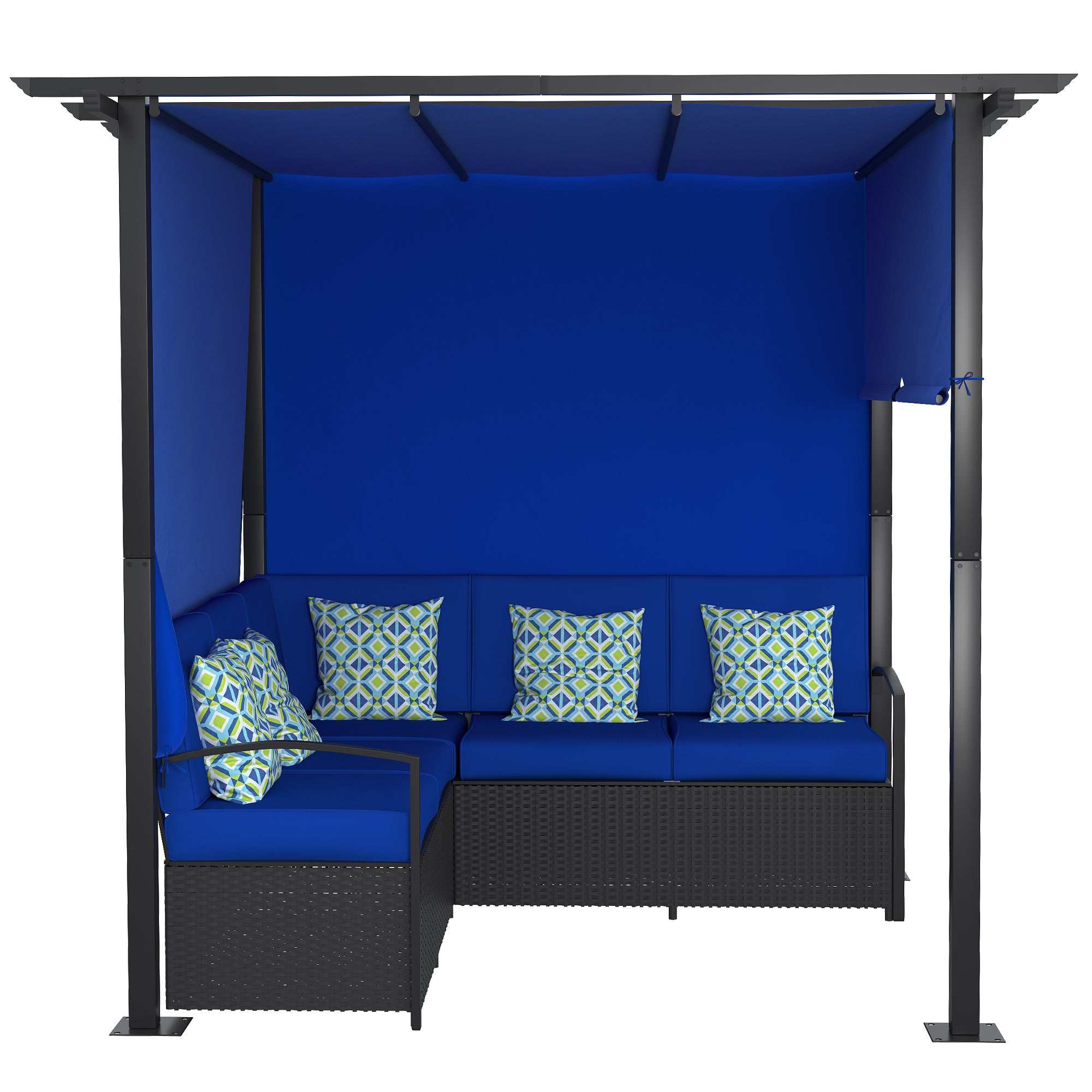 Outsunny Wicker Patio Furniture, Outdoor PE Rattan Sofa Set with Retractable Canopy Pergola, Shade Shelter for Deck, Pool, Garden, Terrace, Blue