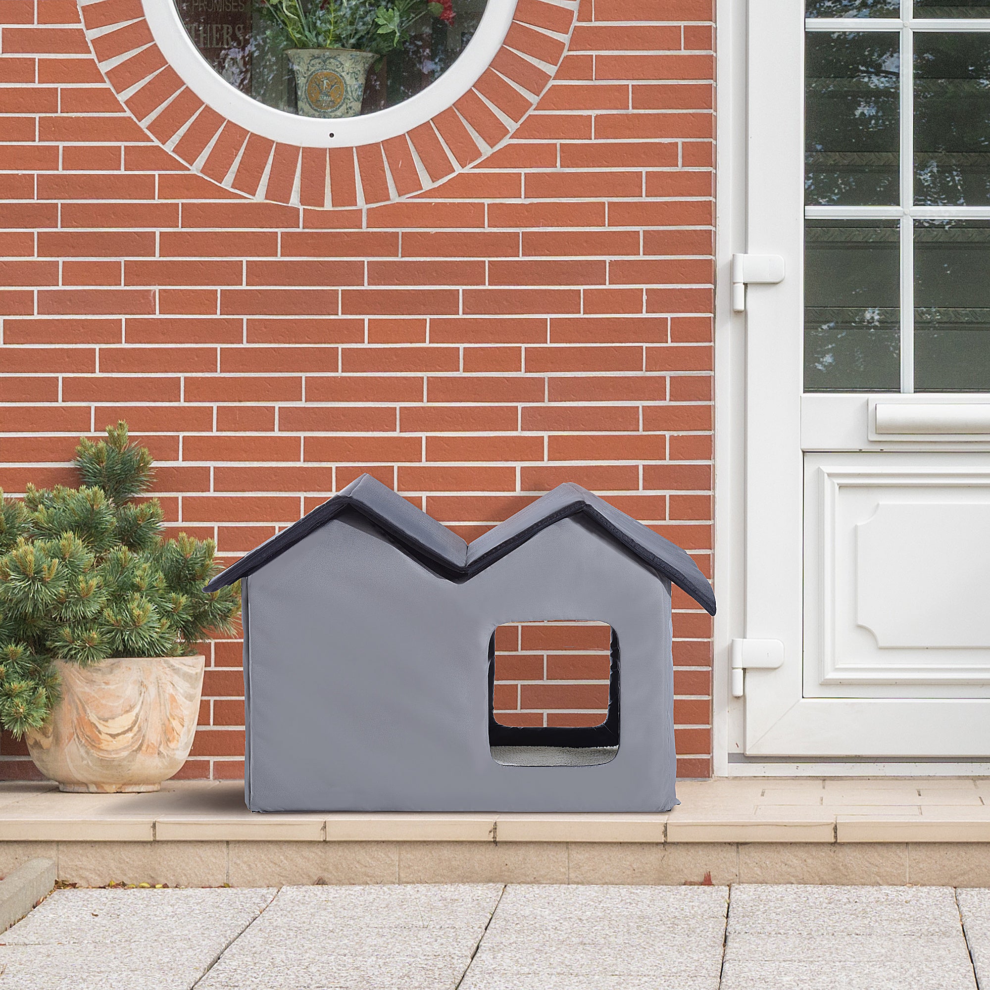 PawHut Double Heated Cat House Portable Indoor/Outdoor Kitty Shelter for Ferral Cat in Winter, Grey
