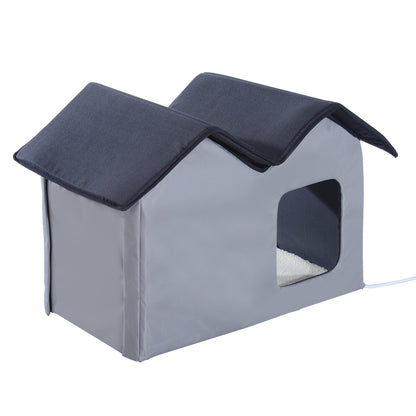 PawHut Double Heated Cat House Portable Indoor/Outdoor Kitty Shelter for Ferral Cat in Winter, Grey