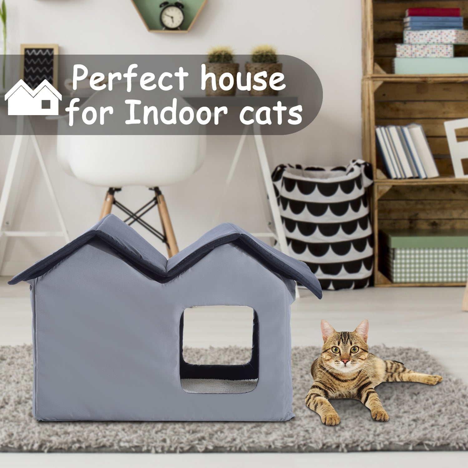 PawHut Double Heated Cat House Portable Indoor/Outdoor Kitty Shelter for Ferral Cat in Winter, Grey