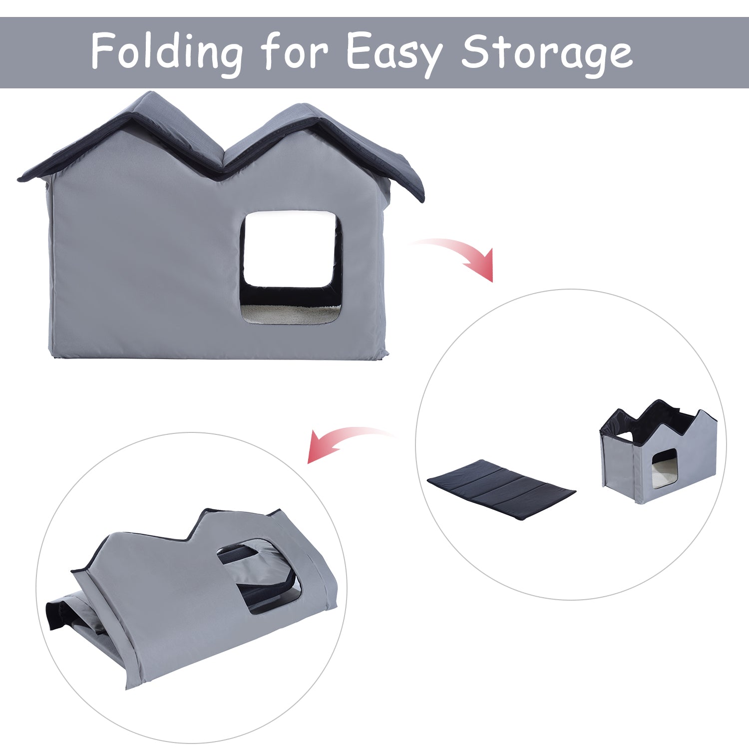 PawHut Double Heated Cat House Portable Indoor/Outdoor Kitty Shelter for Ferral Cat in Winter, Grey