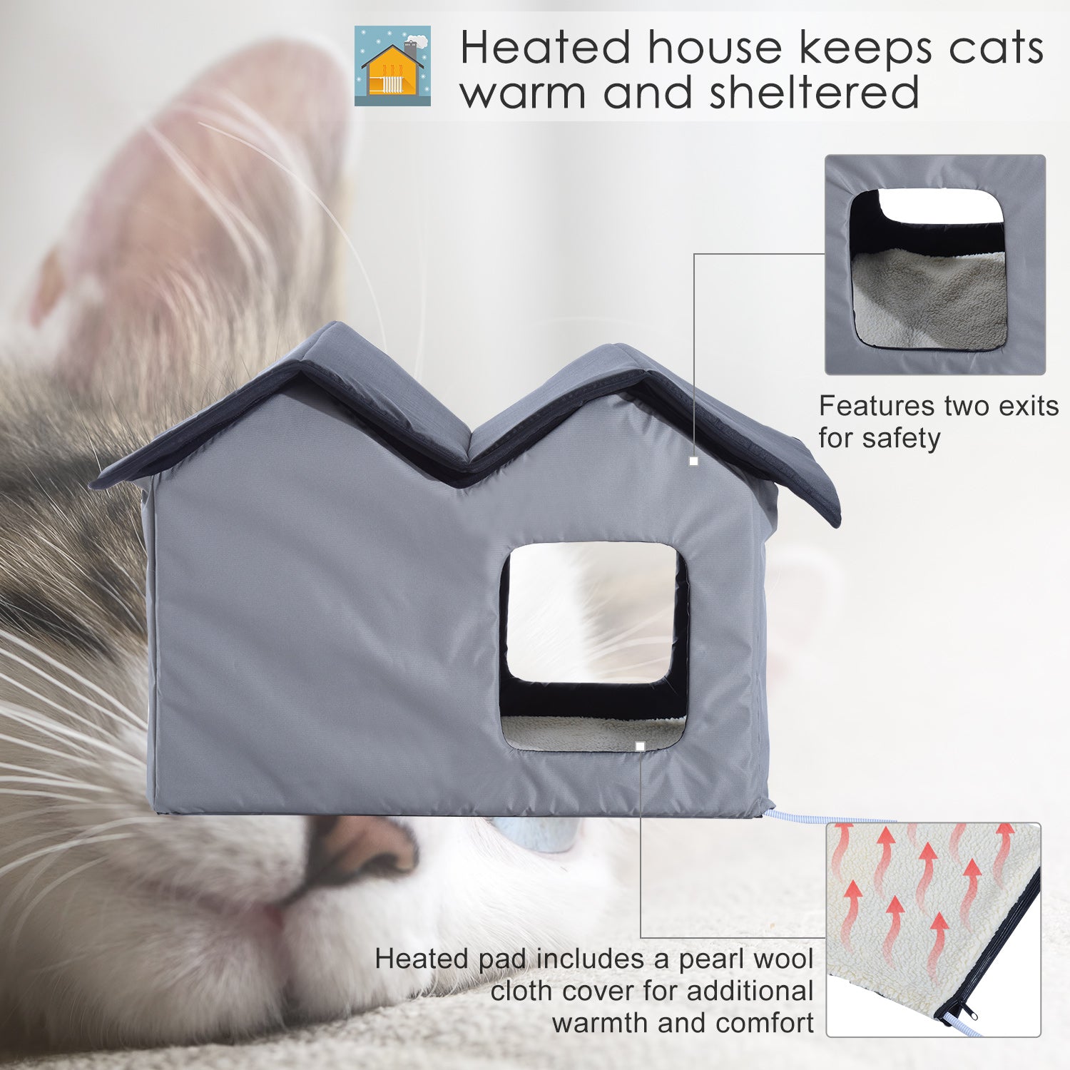 PawHut Double Heated Cat House Portable Indoor/Outdoor Kitty Shelter for Ferral Cat in Winter, Grey