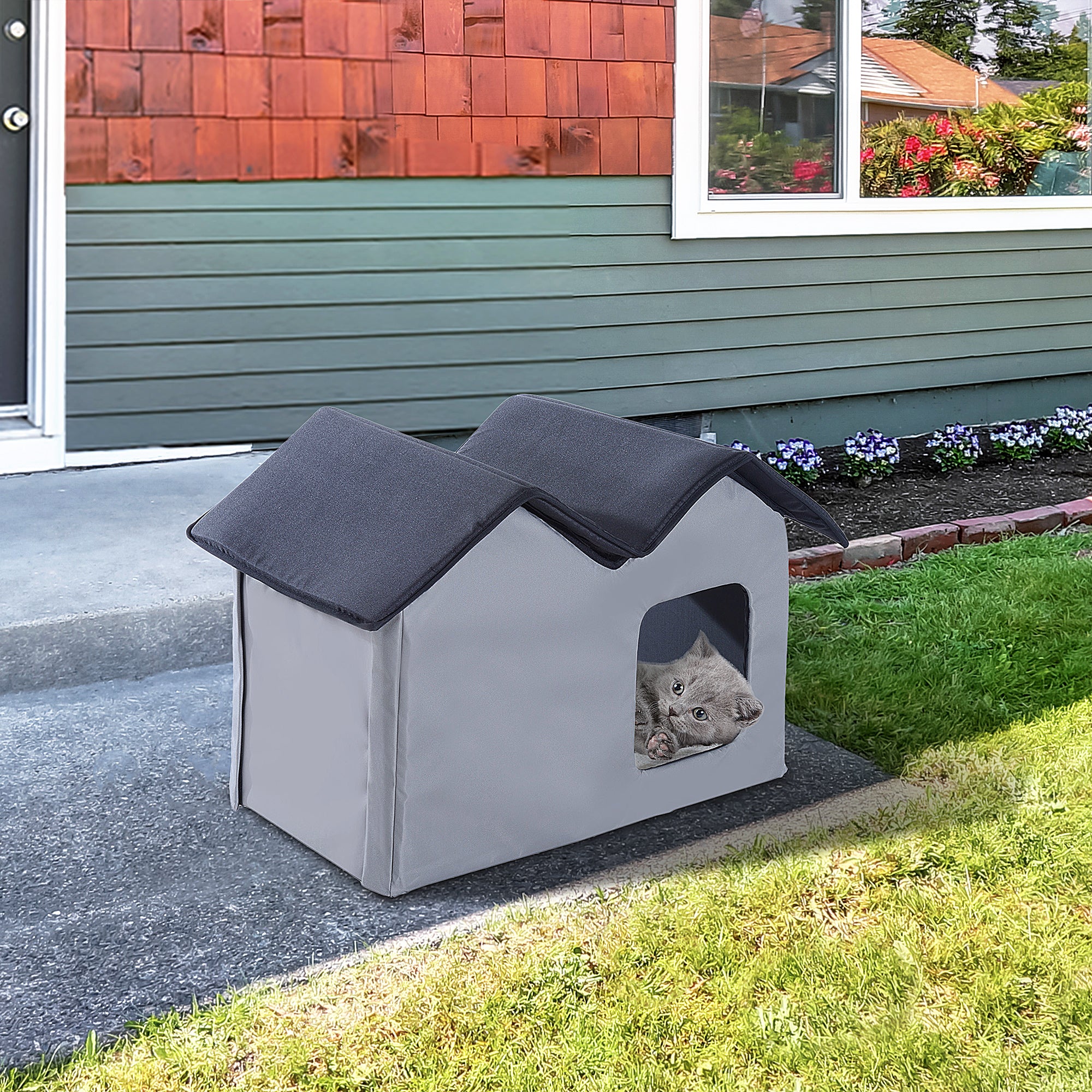 PawHut Double Heated Cat House Portable Indoor/Outdoor Kitty Shelter for Ferral Cat in Winter, Grey