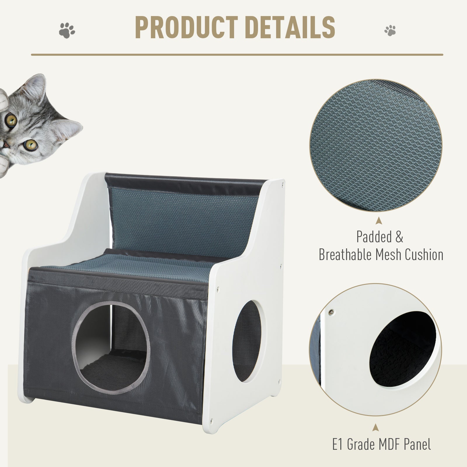 PawHut Cat House Two-tier Cat Condo Tree Tower Pet Furniture Kitty Small House for Indoor Living Room with Scratcher Pad Grey