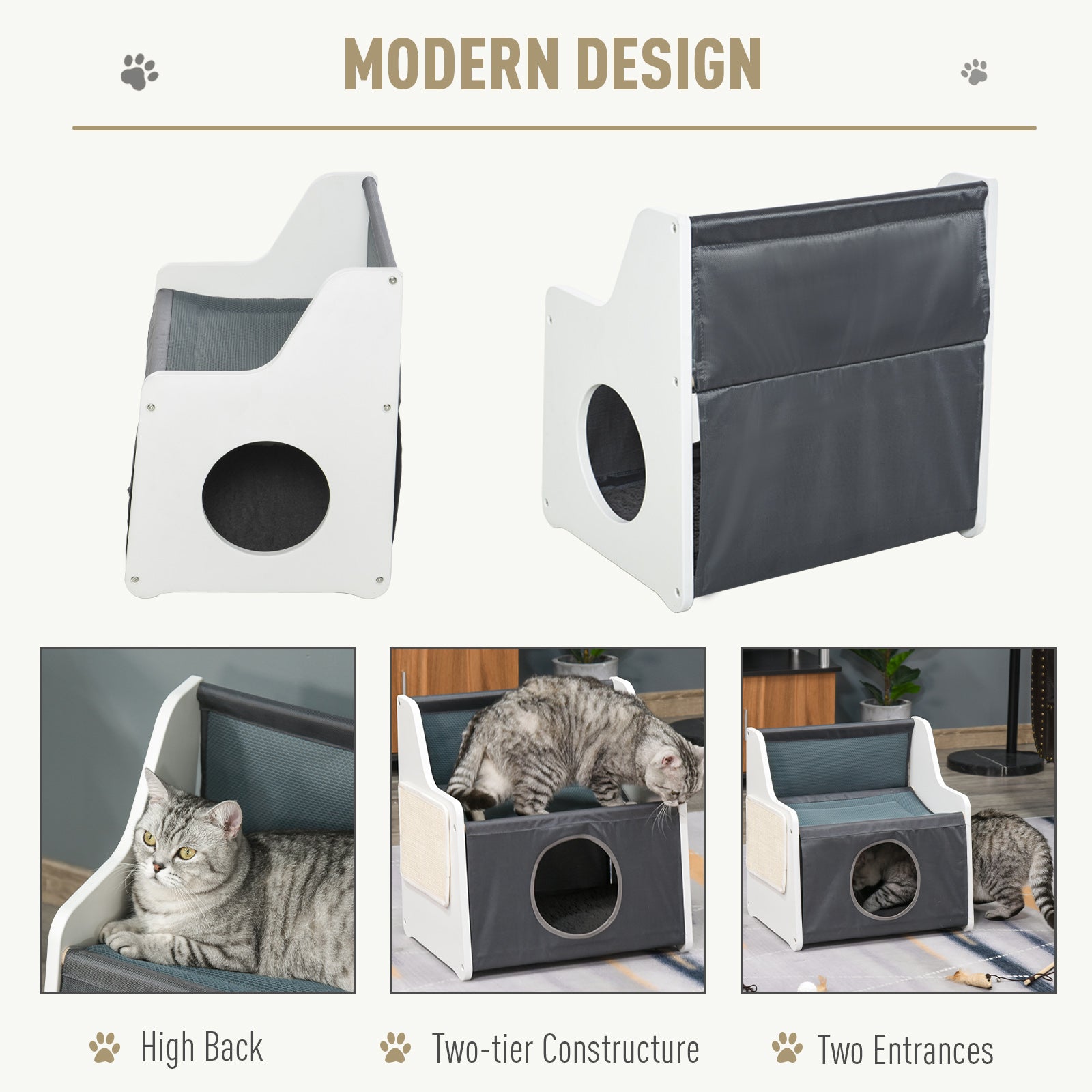 PawHut Cat House Two-tier Cat Condo Tree Tower Pet Furniture Kitty Small House for Indoor Living Room with Scratcher Pad Grey