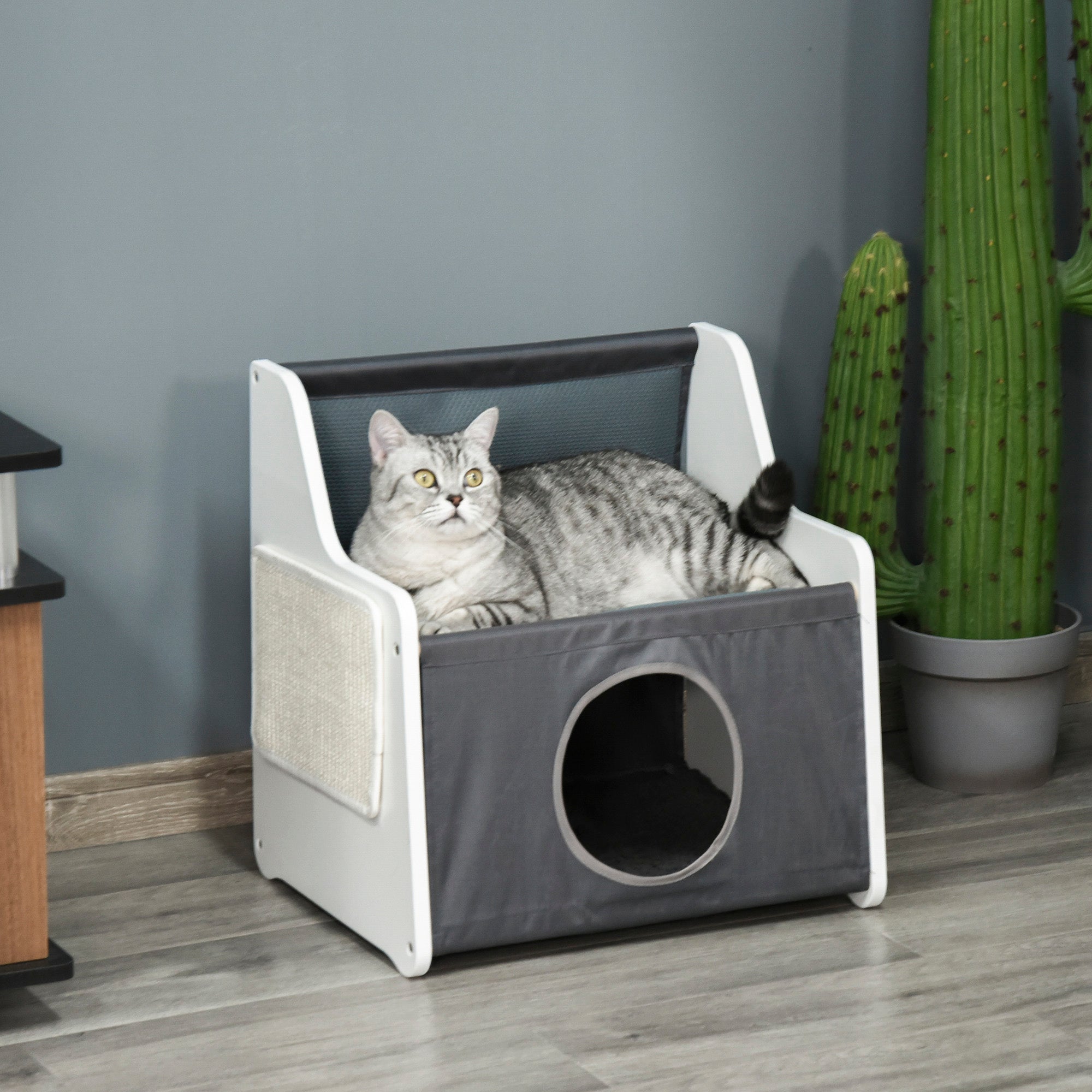 PawHut Cat House Two-tier Cat Condo Tree Tower Pet Furniture Kitty Small House for Indoor Living Room with Scratcher Pad Grey